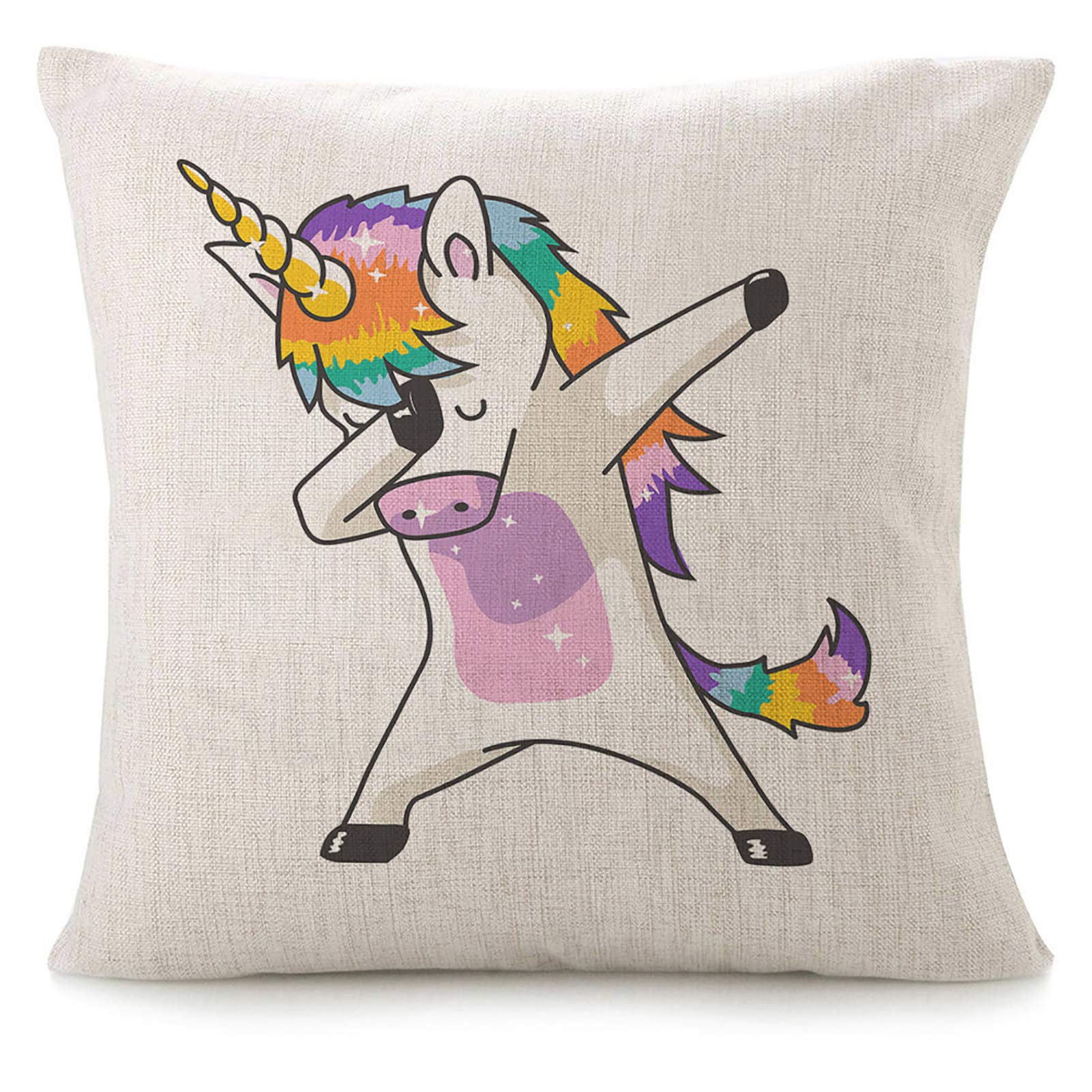 VERSUSWOLF 24x24 Inch Square Throw Pillow Covers - Dancing Unicorn Design with Colorful Hair & Yellow Horns, Cotton Linen Sofa Cushion Cases for Home Decor, Living Room, Bedroom, Couch (Blue, Green, Yellow, Orange, Pink)