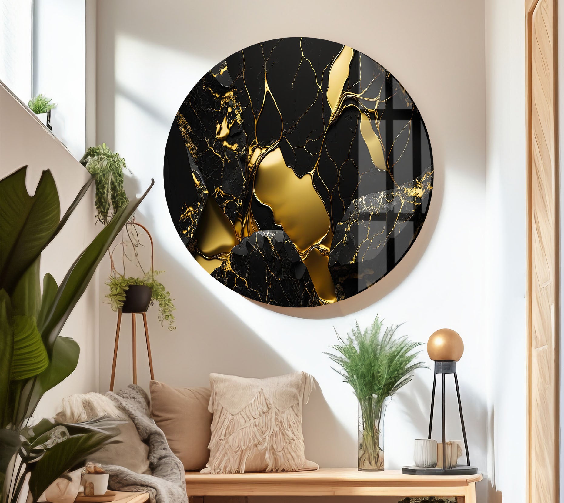 Black and Gold Abstract Wall Art - Modern Glass Print with Luxury Shine for Living Room, Bedroom & Office Decor | Elegant Home Wall Decorations