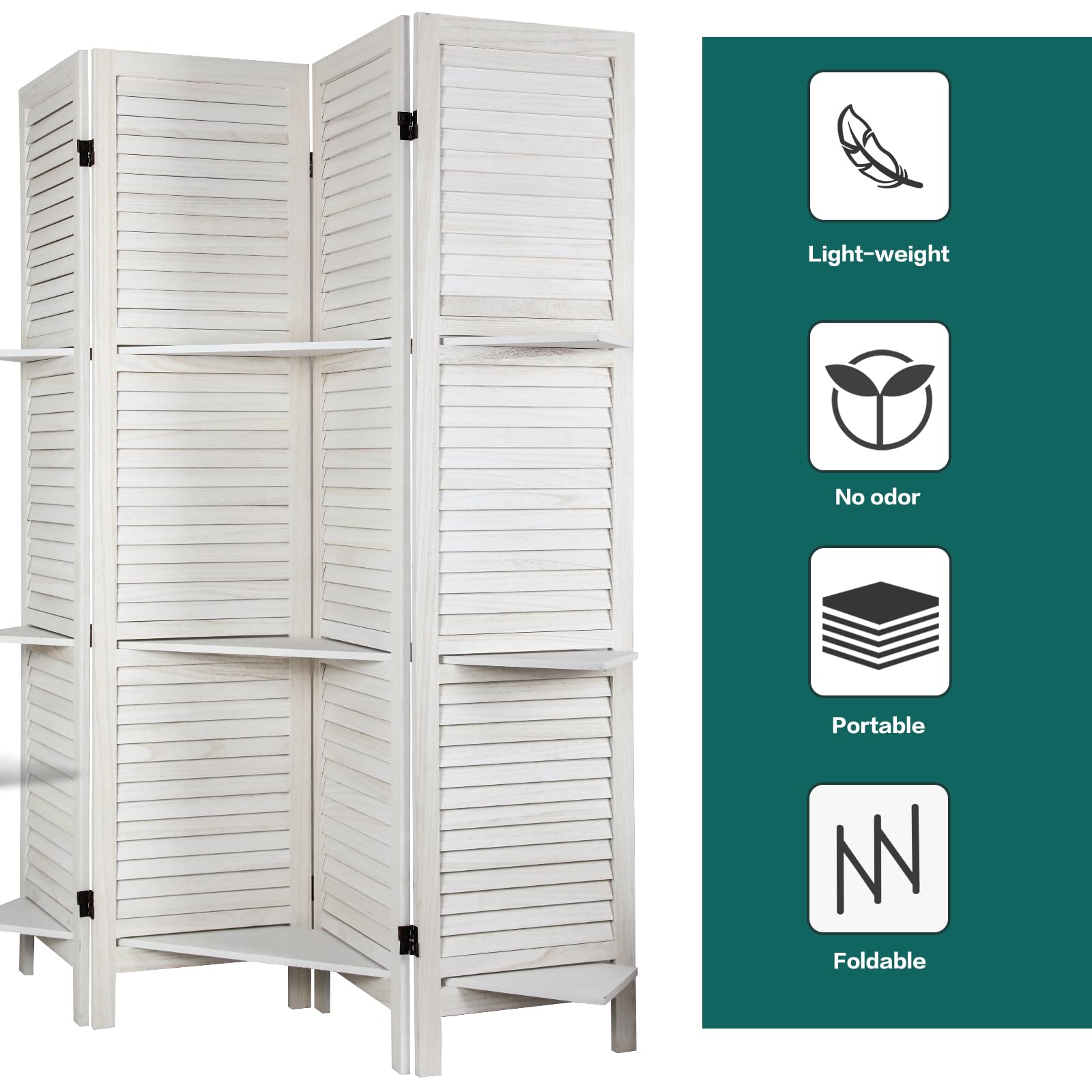 ECOMEX 5.6Ft Tall 4 Panel Wooden Room Divider with Shelves - Folding Privacy Screen for Bedroom, Home Office & Living Room - Double Hinged Room Separator in White - Perfect for Creating Private Spaces, Home Organization & Room Partition