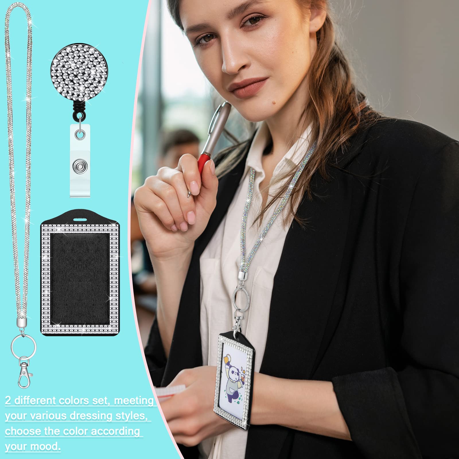 Rhinestone Bling Lanyards for ID Badges - Retractable Keychain for Women Office & Travel