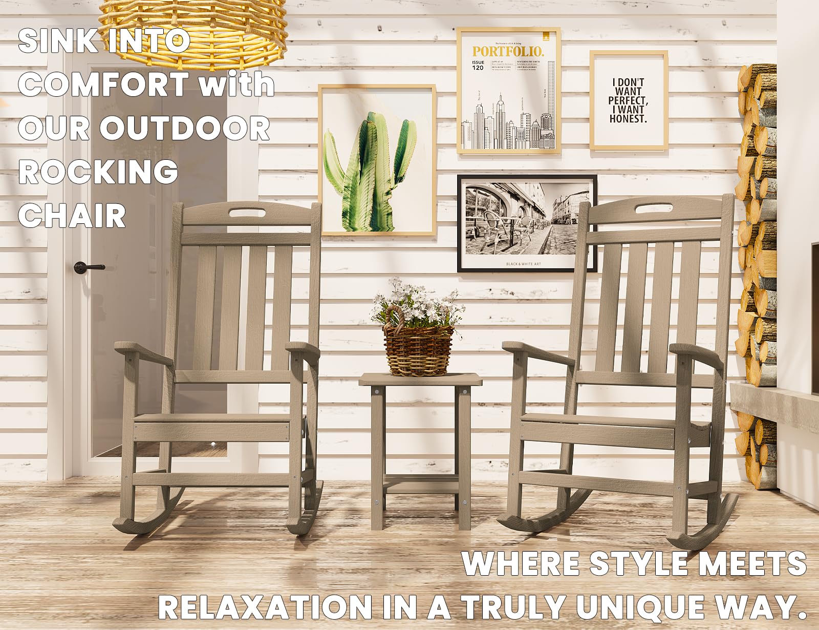 Outdoor Rocking Chair - High Back HDPE All-Weather Patio Rocker for Deck, Porch, Backyard, Garden & Indoor Use - Durable Weathered Wood Look - Perfect for Relaxing in Sunroom, Poolside or Front Porch