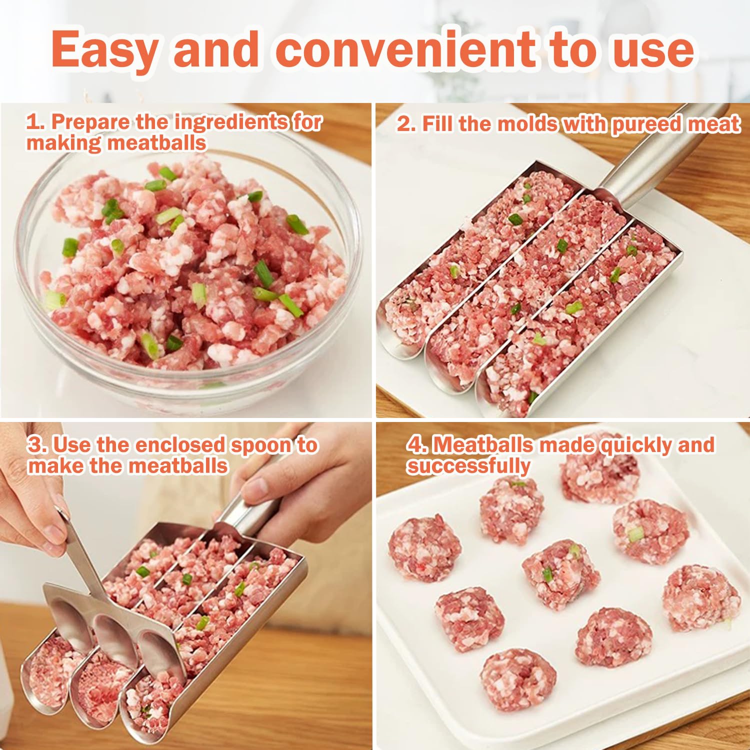 **4-in-1 Stainless Steel Meatball Maker Tool – Meatball Scoop & Mold Set with Spoon (4 Tubes) – Perfect for Homemade Meatballs, Burgers, and Meatloaf – Ideal for Home Chefs & Meal Prep**
