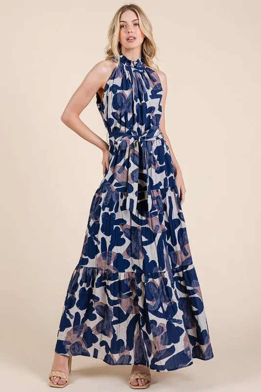 Elegant Halter Neck Tie Waist Tiered Maxi Dress for Women | Summer Beach Vacation Resort Wear | Perfect for Pool Parties, Tropical Getaways and Evening Dinners