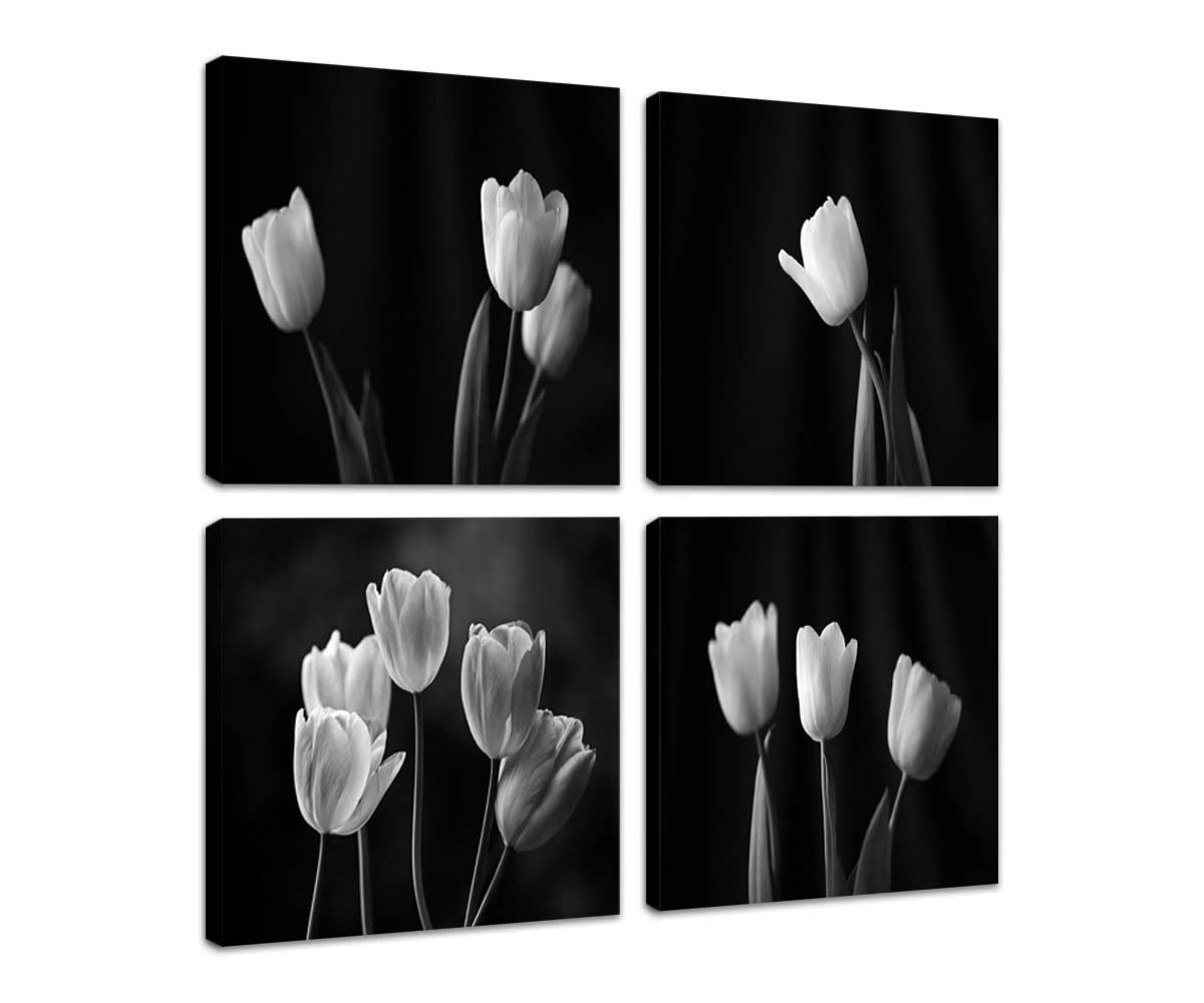 Modern Tulips Canvas Wall Art Set - 4 Piece Framed Flower Giclee Prints for Living Room, Bedroom & Bathroom Decor - Ready to Hang Home Decoration | Perfect for Housewarming Gifts & Interior Design