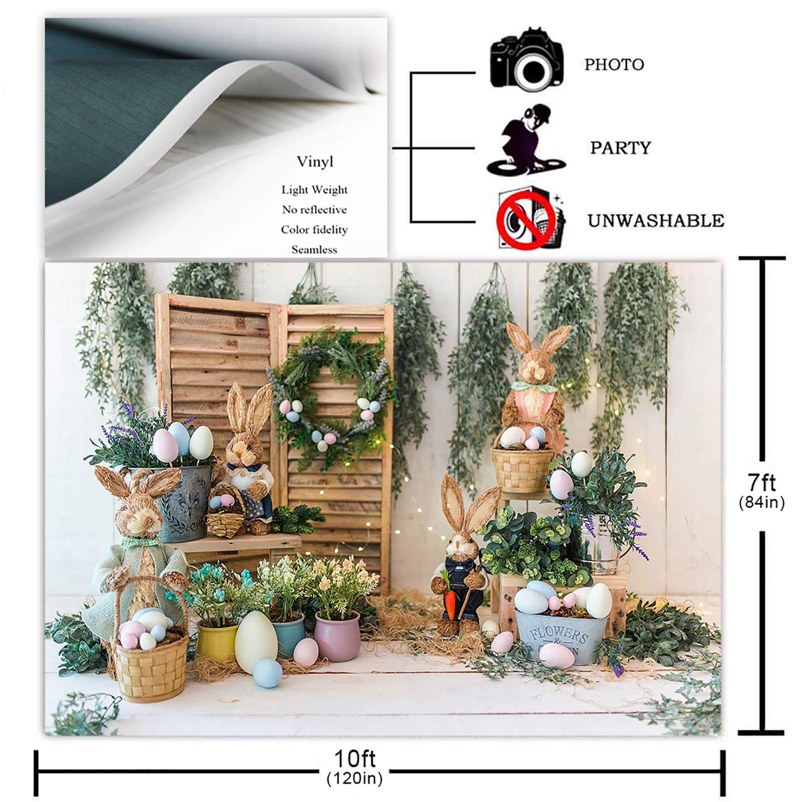 Rustic White Wood Bunny Rabbit Easter Backdrop - 10x7ft Spring Photography Background for Kids, Newborn Portraits, Birthday Decorations | Perfect for Easter, Spring Parties, and Baby Showers
