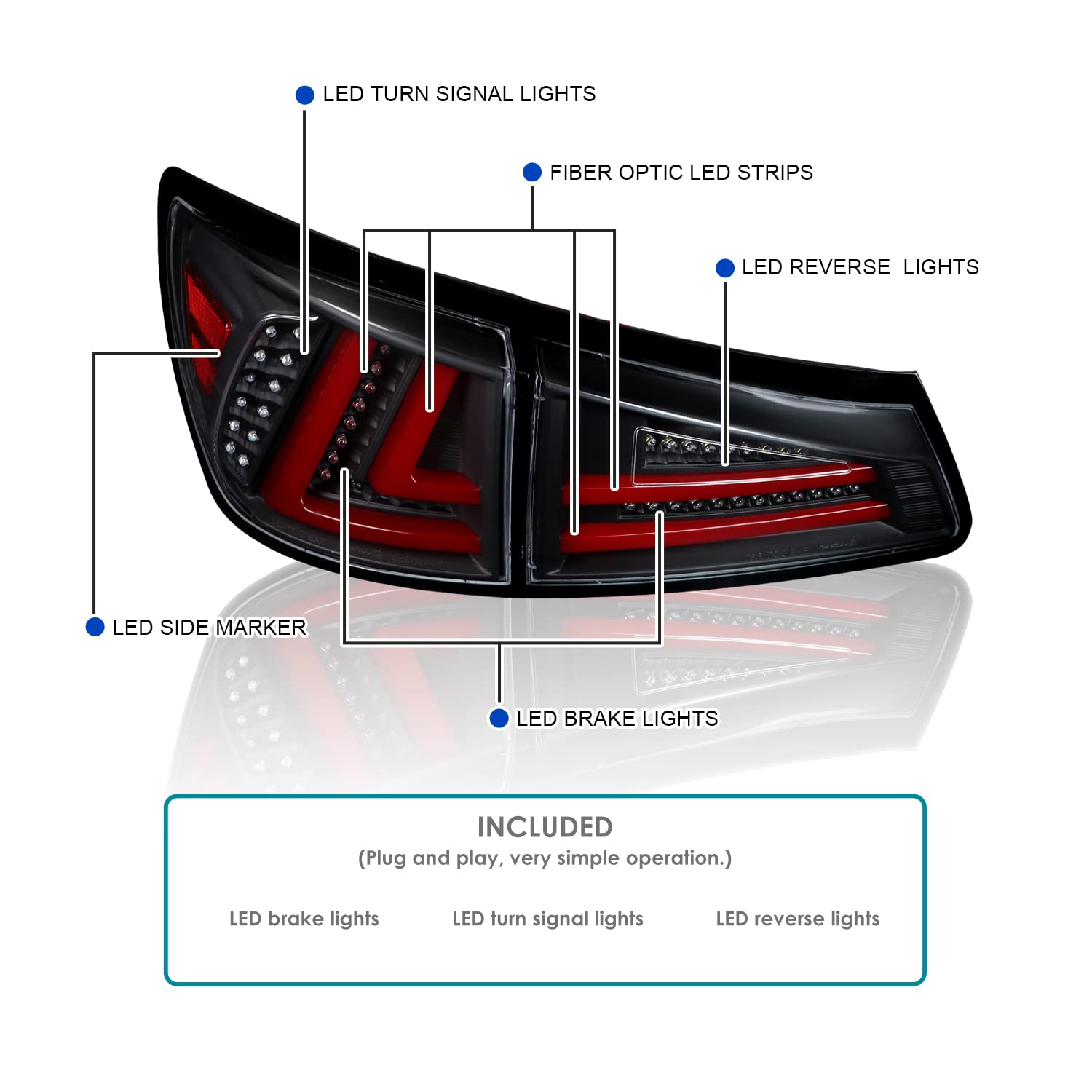 Spec-D Tuning Black LED Tail Lights with Red LED Bar for 2006-2008 Lexus IS250 IS350 - Left & Right Pair Assembly - Upgrade Your Car's Rear Style & Visibility at Night