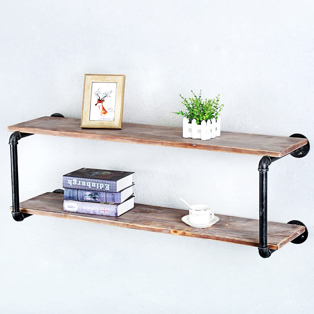 Industrial Pipe Floating Shelves for Wall - 42 Inch Rustic Wood and Metal Wall Mounted Shelving, 2 Tier Hanging Book Shelf - Perfect for Living Room, Bedroom, Office Storage and Display