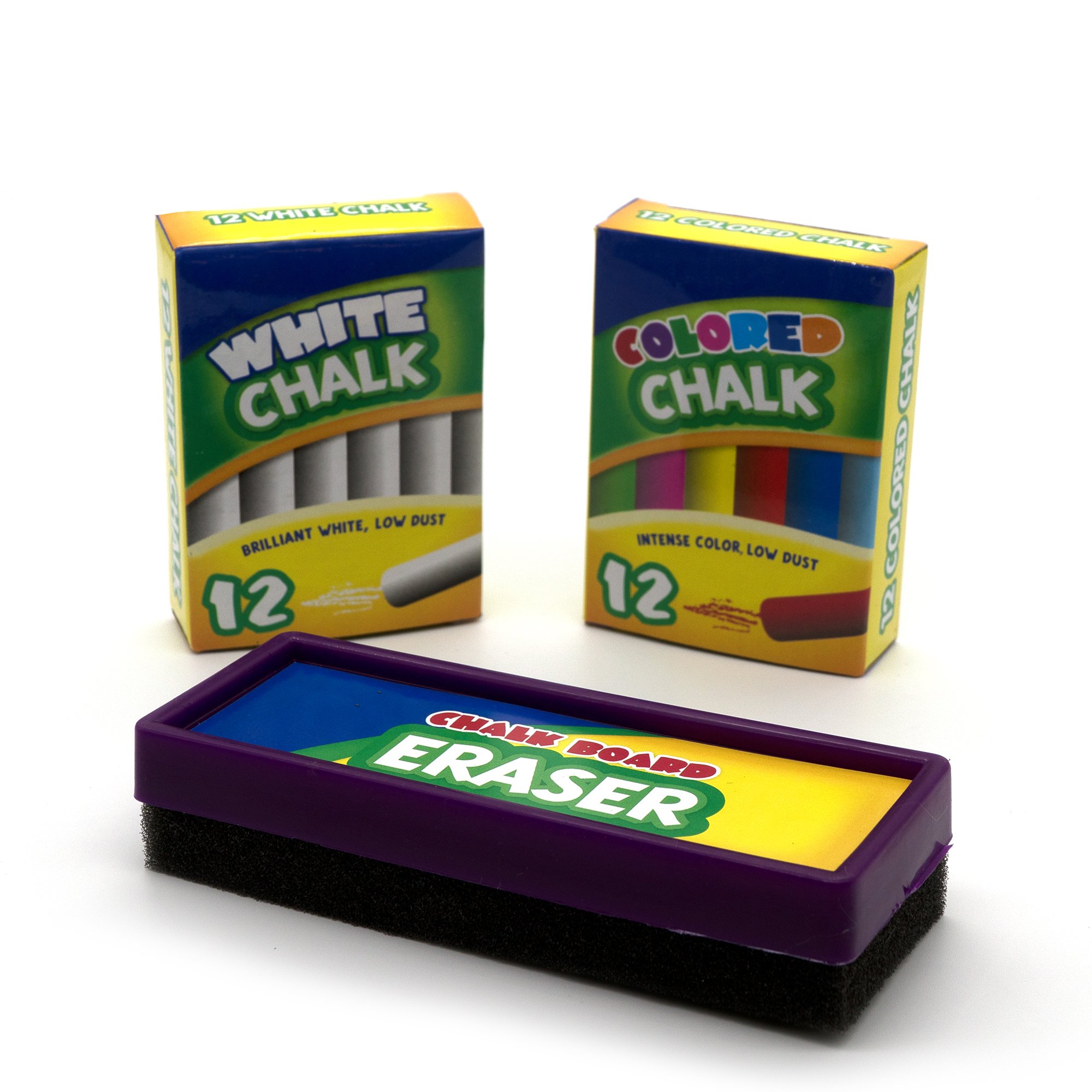 Emraw Dustless Non-Toxic Chalk - 12 Vibrant Colors with Eraser, 25 Sticks per Pack (2-Pack) - Perfect for School, Office, Sidewalk Art & Home Chalkboards | Safe for Kids & Classrooms