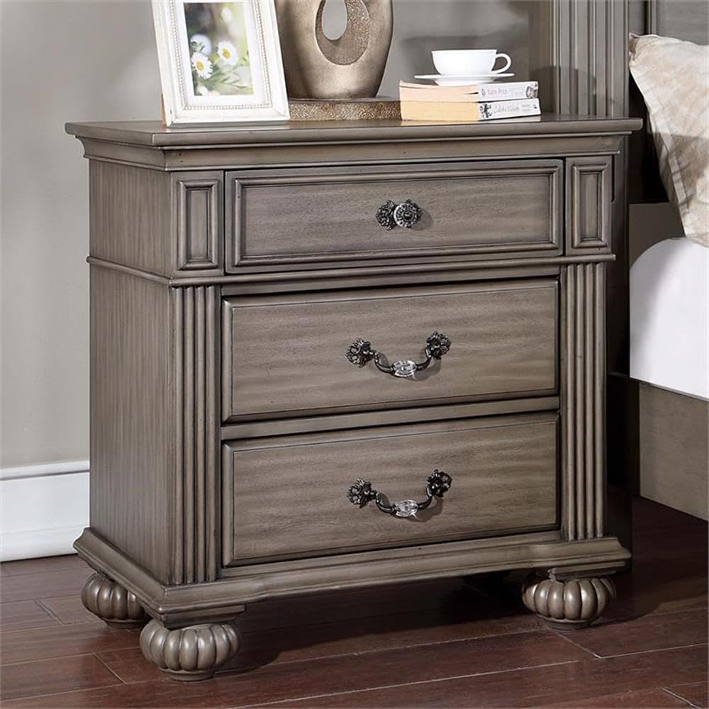 Furniture of America Damos Solid Wood 3-Drawer Nightstand in Gray - Modern Bedside Table for Bedroom, Living Room & Guest Room Storage