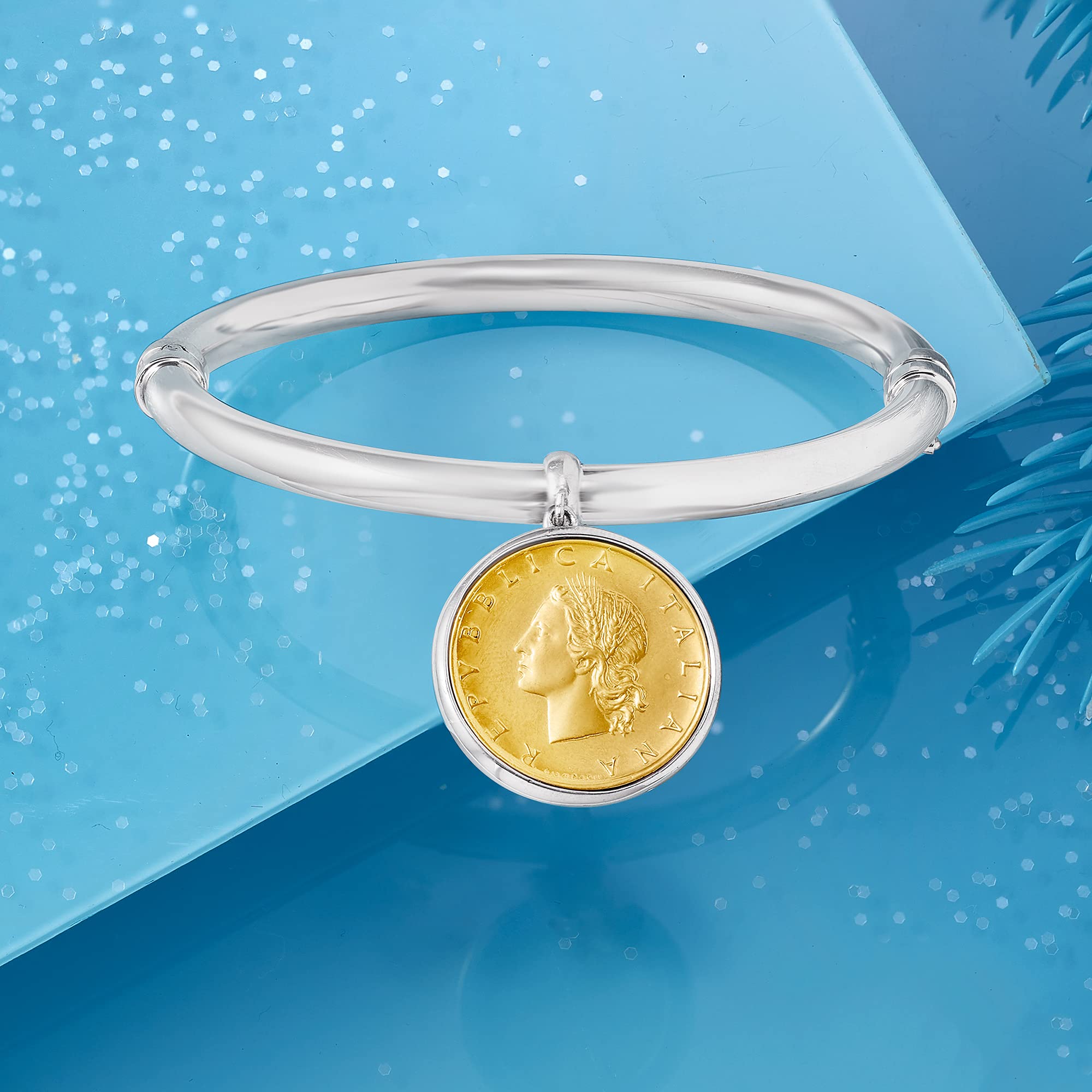 Ross-Simons Italian Genuine Lira Coin Charm Sterling Silver Bangle Bracelet - 7 Inches - Perfect for Vintage Jewelry Lovers & Gift Giving
