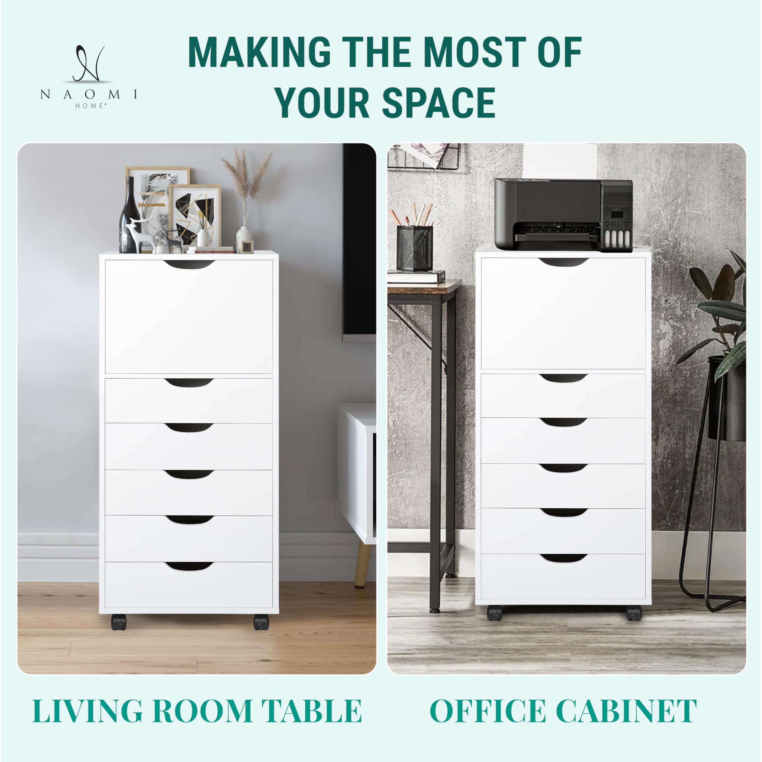 Naomi Home 6-Drawer Makeup Dresser Storage Cabinet with Wheels - White Wooden Closet Organizer for Bedroom | Perfect for Cosmetics, Jewelry & Clothing Storage