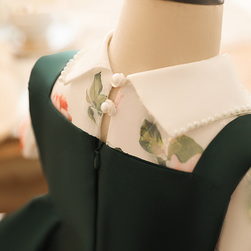 Elegant Green A-Line Tea Length Flower Girl Dress with Beaded Floral Embroidery - Perfect for Weddings, Bridal Showers & Special Occasions
