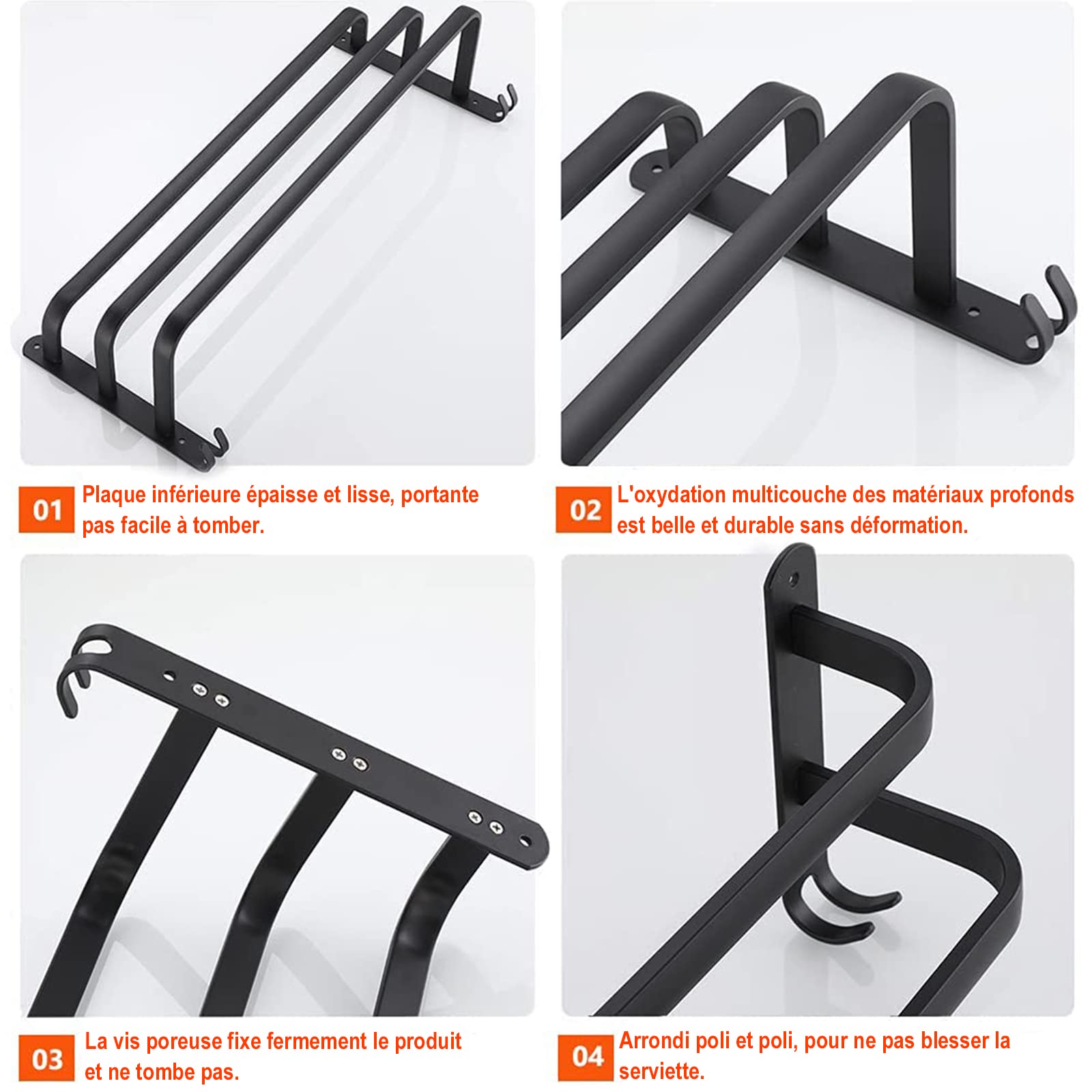 60cm No Drill Black Wall Mounted Towel Rail - Bathroom & Kitchen Towel Holder for Hand, Dish & Bath Towels - Space Saving Bathroom Accessory Set for Small Spaces