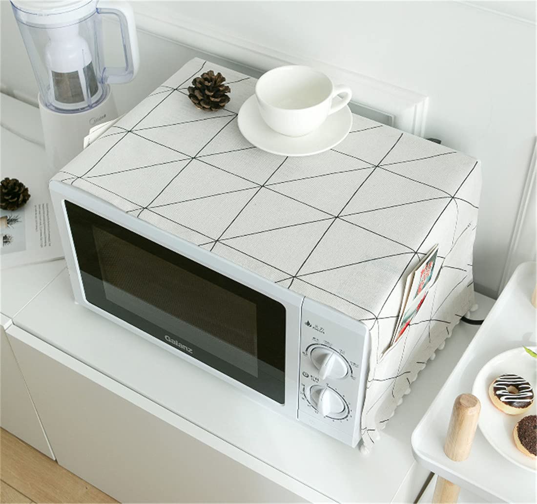 MVCHIFAY Microwave Oven Cover - Dustproof Cotton Machine Protector with Side Storage Pockets (11.8x35.4 Inches) - Big White Chessboard Design for Kitchen Decor | Perfect for Countertop Protection & Small Appliance Storage
