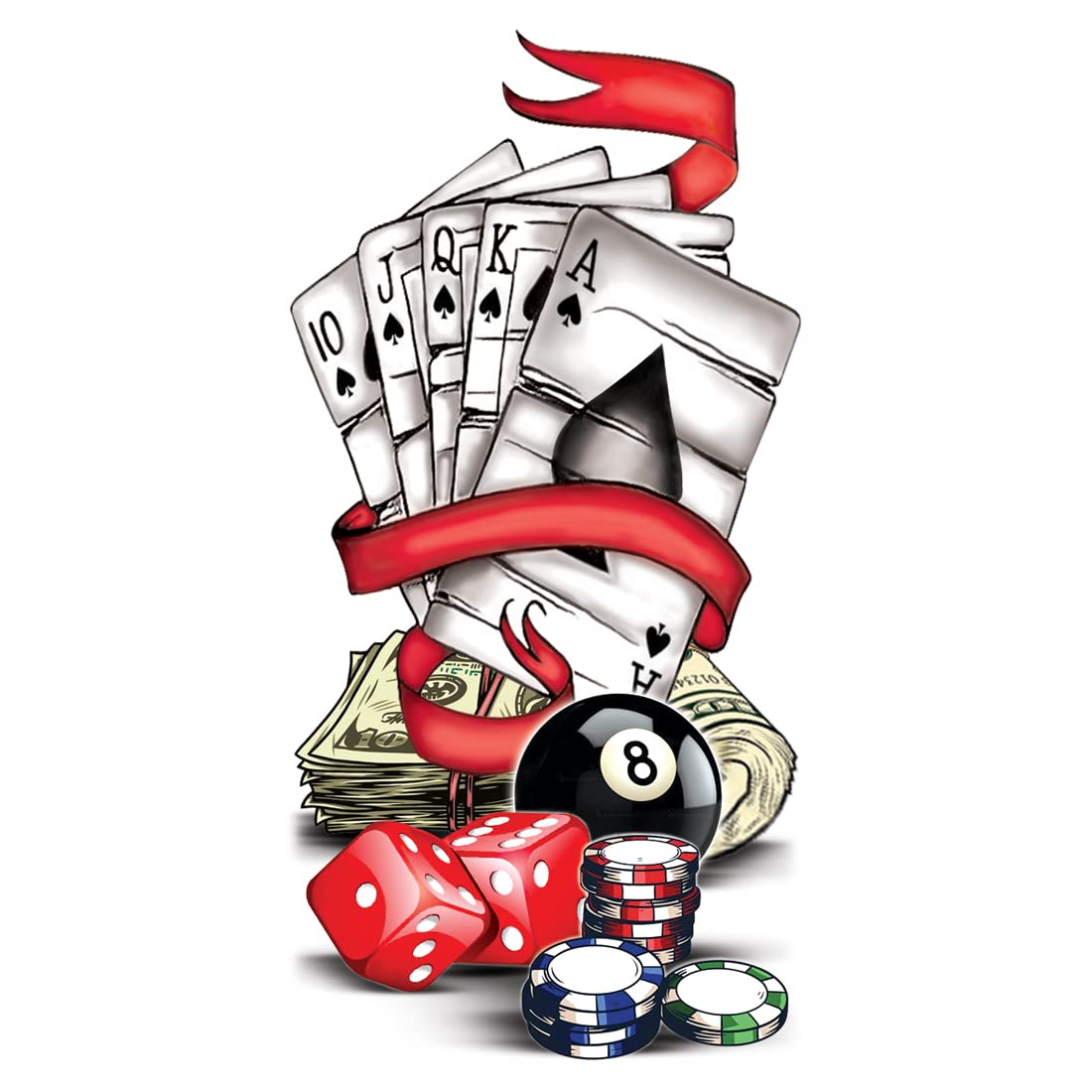 Royal Flush Casino Poker Cards Temporary Tattoos - Fun Party Tattoos for Men, Women, Boys & Girls - Perfect for Casino Nights, Costume Parties & Poker Games