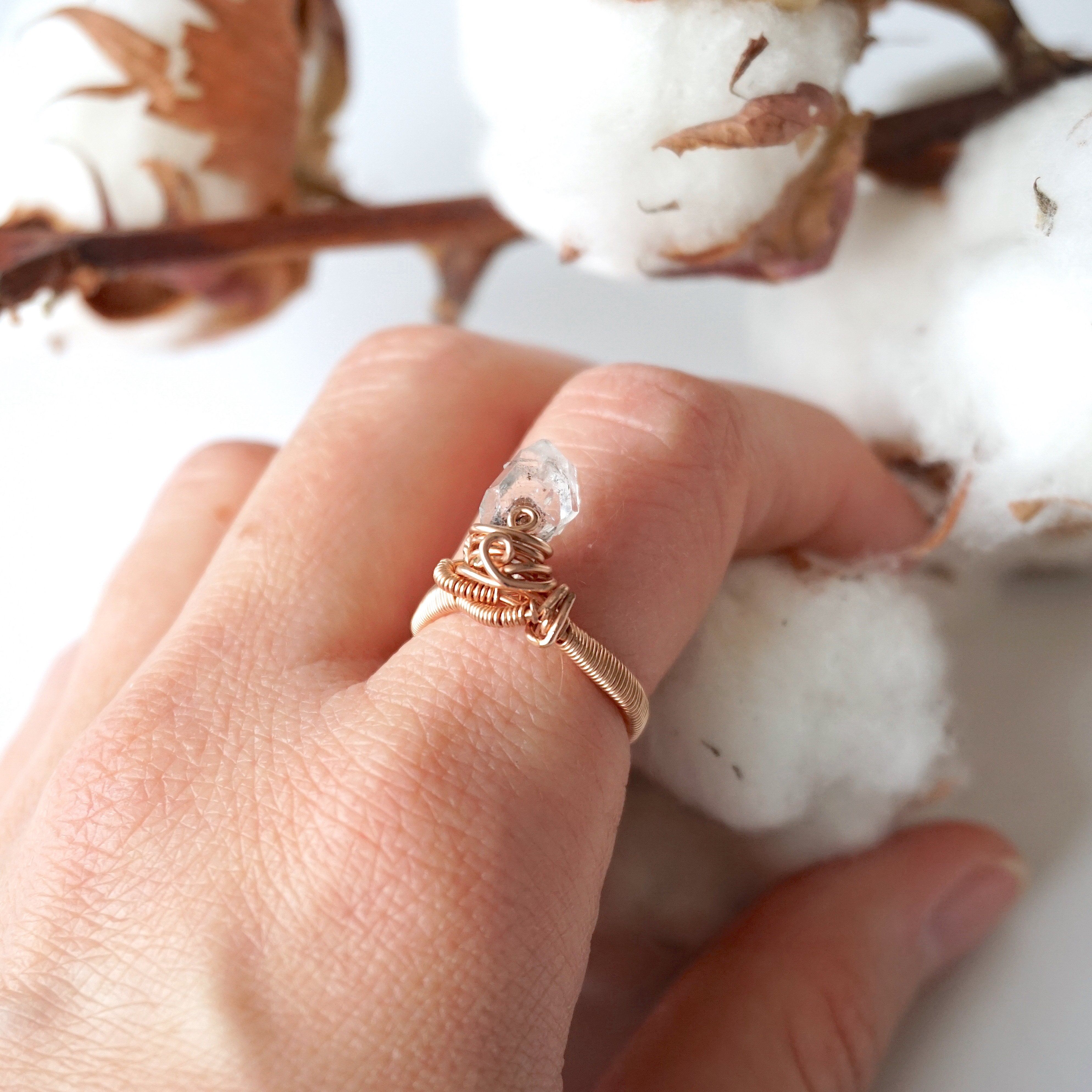 14K Rose Gold Herkimer Diamond Ring - Raw Natural Gemstone Jewelry for Women, Elegant Handmade Engagement & Wedding Band, Perfect for Everyday Wear & Special Occasions