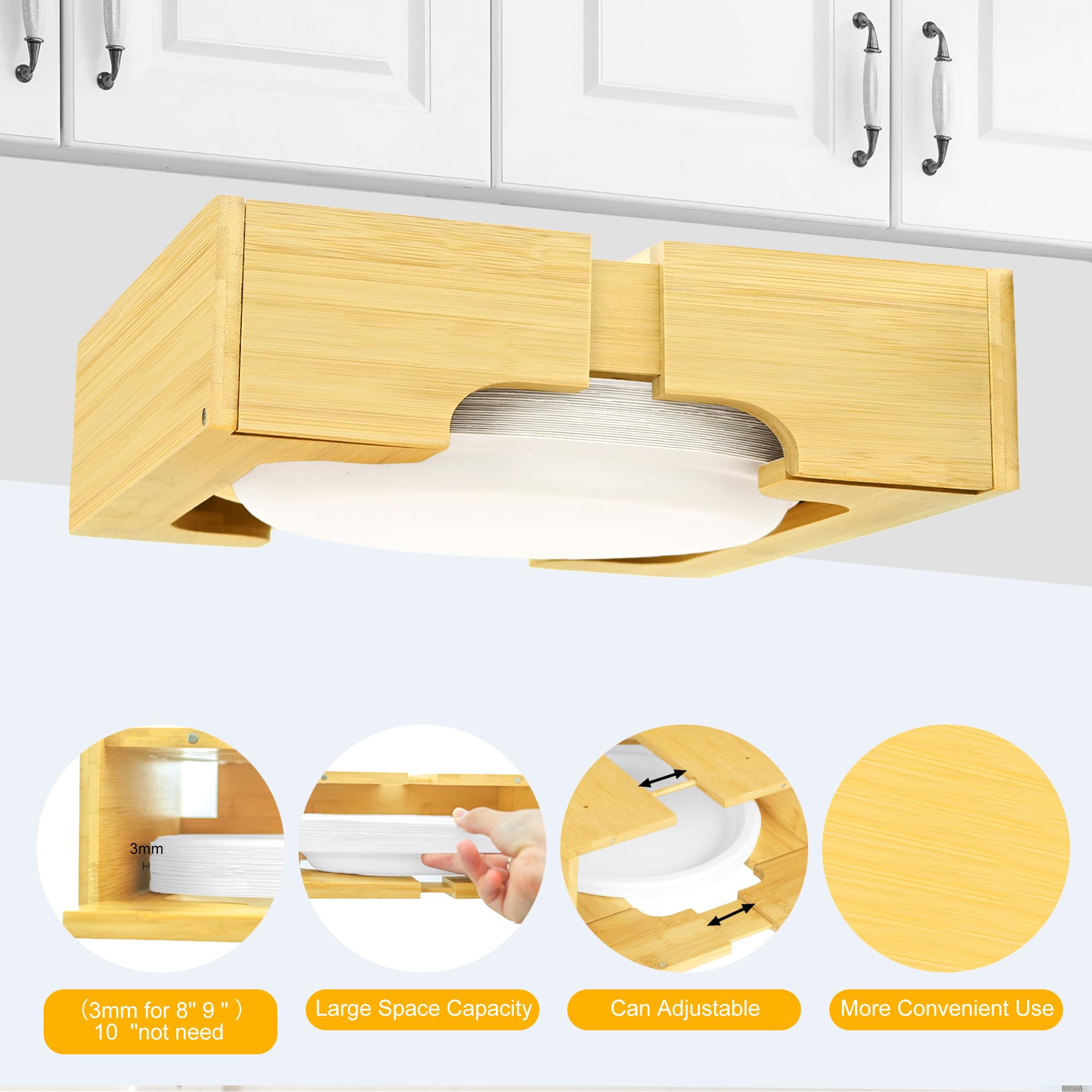 MinBoo 8-10 Inch Adjustable Paper Plate Dispenser - Upgraded Bamboo Under Cabinet Plate Holder for Kitchen Organization | Perfect for Round Plates, Dinner Parties, Picnics & Camping