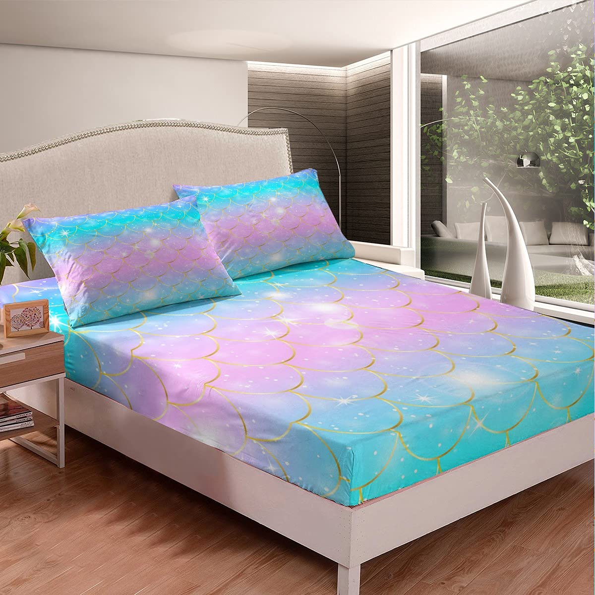 Mermaid Twin Size Sheet Set for Girls - Blue & Pink Pastel Bedding with Gold Fish Scales & Glitter - Fitted Sheet, Flat Sheet, Pillowcase - Perfect for Kids, Teens, Women Bedrooms & Themed Room Decor