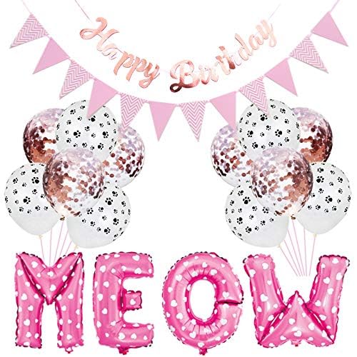 Cat Birthday Party Decorations - Meow Letter Balloons, Cat Paw Print Balloons & Happy Birthday Banner for Pet Parties | Perfect for Kitty Themed Celebrations, Adoption Anniversaries & Feline Lover Gatherings