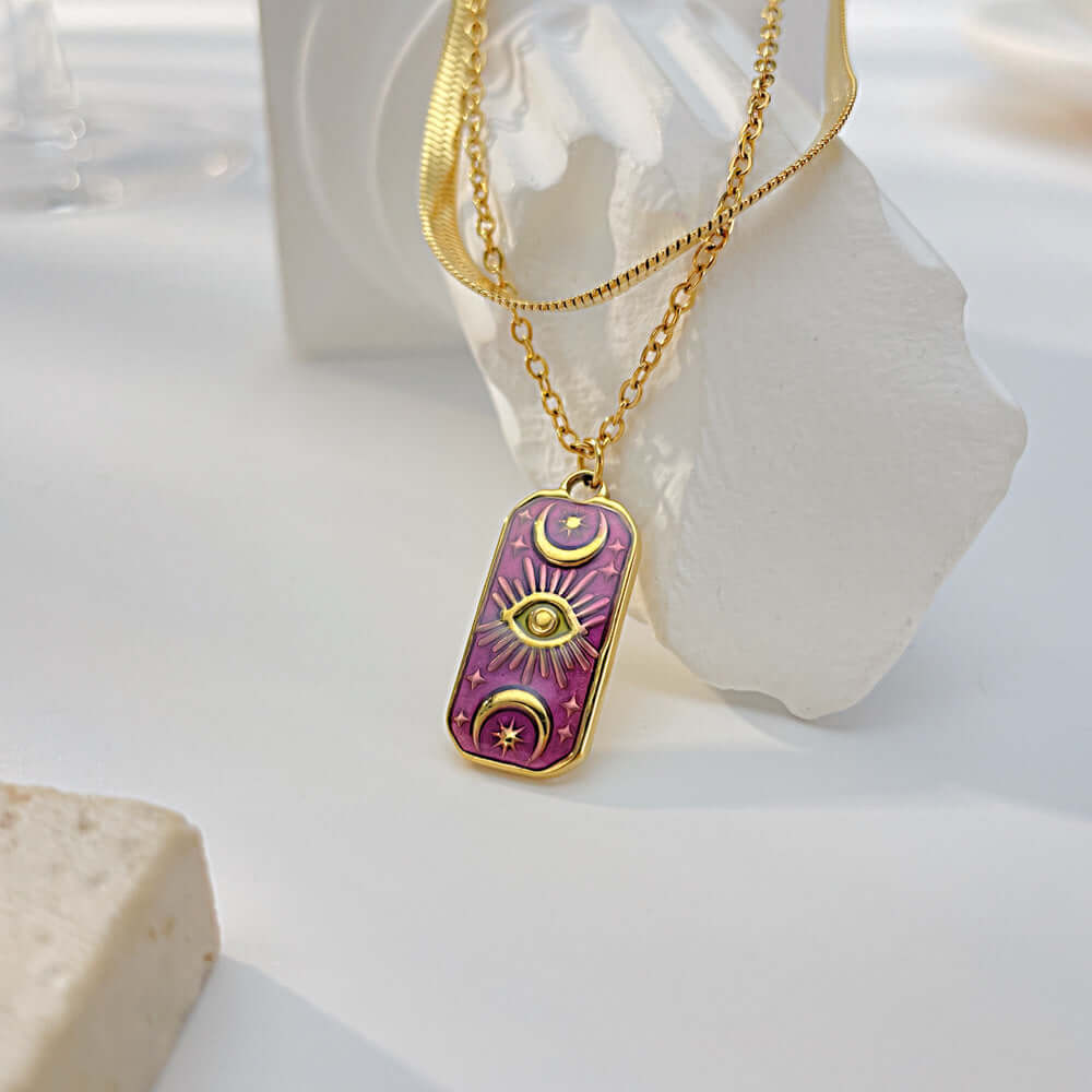 Moon Star Herringbone Pendant Chain Necklace - 18K Gold Plated Stainless Steel Jewelry for Women | GX2279 | Perfect for Date Night, Wedding & Everyday Elegance