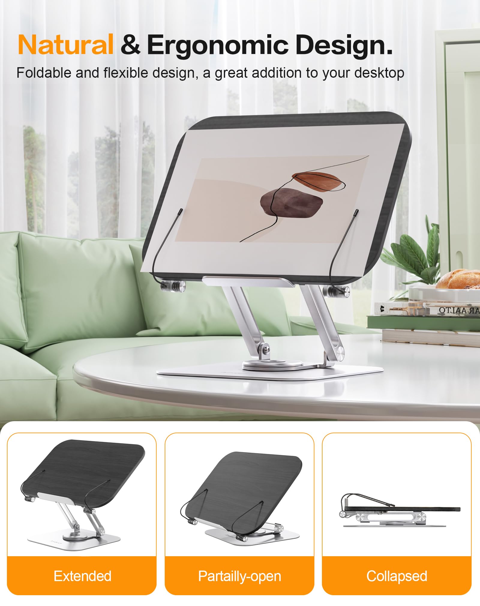 Adjustable Book Holder Stand for Reading - 360° Rotating Hands-Free Cookbook & Document Stand with Page Clips - Foldable Desktop Book Stand for Kids, Computer, Textbook - Perfect for Studying, Cooking & Office Work