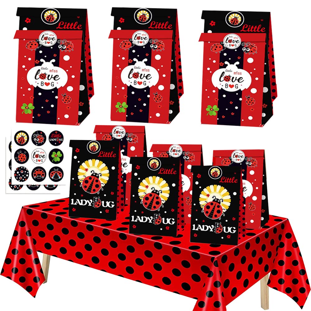 Ghberll Ladybug Party Favor Kit - 30Pcs Red & Black Polka Dot Party Bags with Matching Table Cover - Perfect for Birthday Party Decorations & Candy Treats | Ideal for Kids' Birthday, Baby Shower & Themed Celebrations