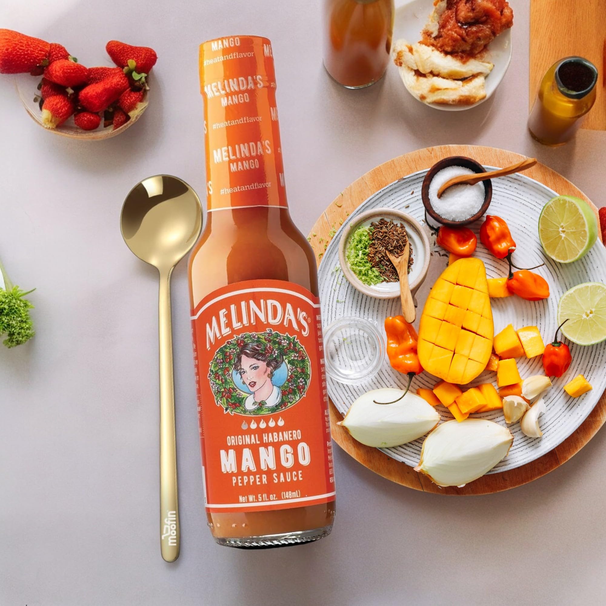**Mango Habanero Hot Sauce - 5oz Bottle (Pack of 6) | Sweet & Spicy Pepper Sauce for Wings, Tacos, Burgers & More | All-Natural Ingredients | Includes Free Golden Spoon | Perfect for BBQ, Parties & Gifting**