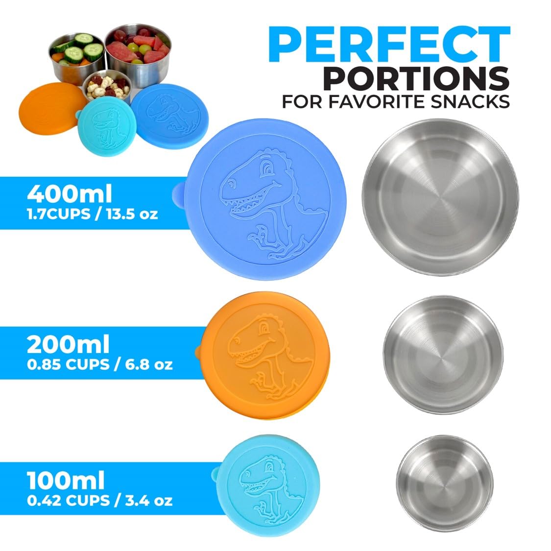 Dinosaur-Themed Stainless Steel Snack Containers for Kids - 3 Pack Blue | Leak-Proof Silicone Lids | Reusable Lunch Box Cups for Toddlers & Boys | Perfect for Daycare, School, Travel & Outdoor Activities
