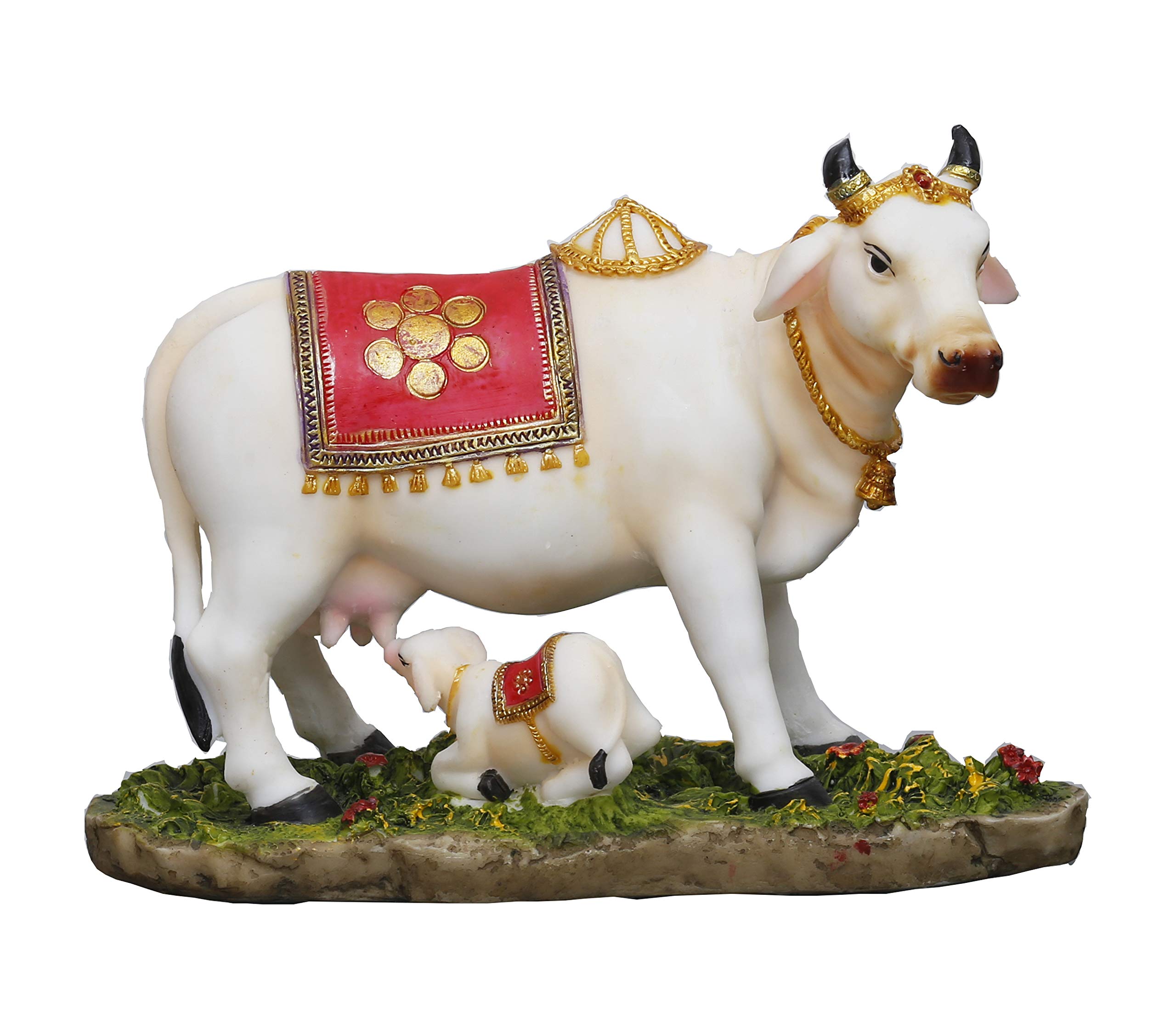 Sri Krishna Sacred Cow & Calf Statue - 8.5 Inch Hindu God Idol with Base - Polyresin Handcrafted Figurine for Home Altar, Pooja Room Decor, and Spiritual Gift