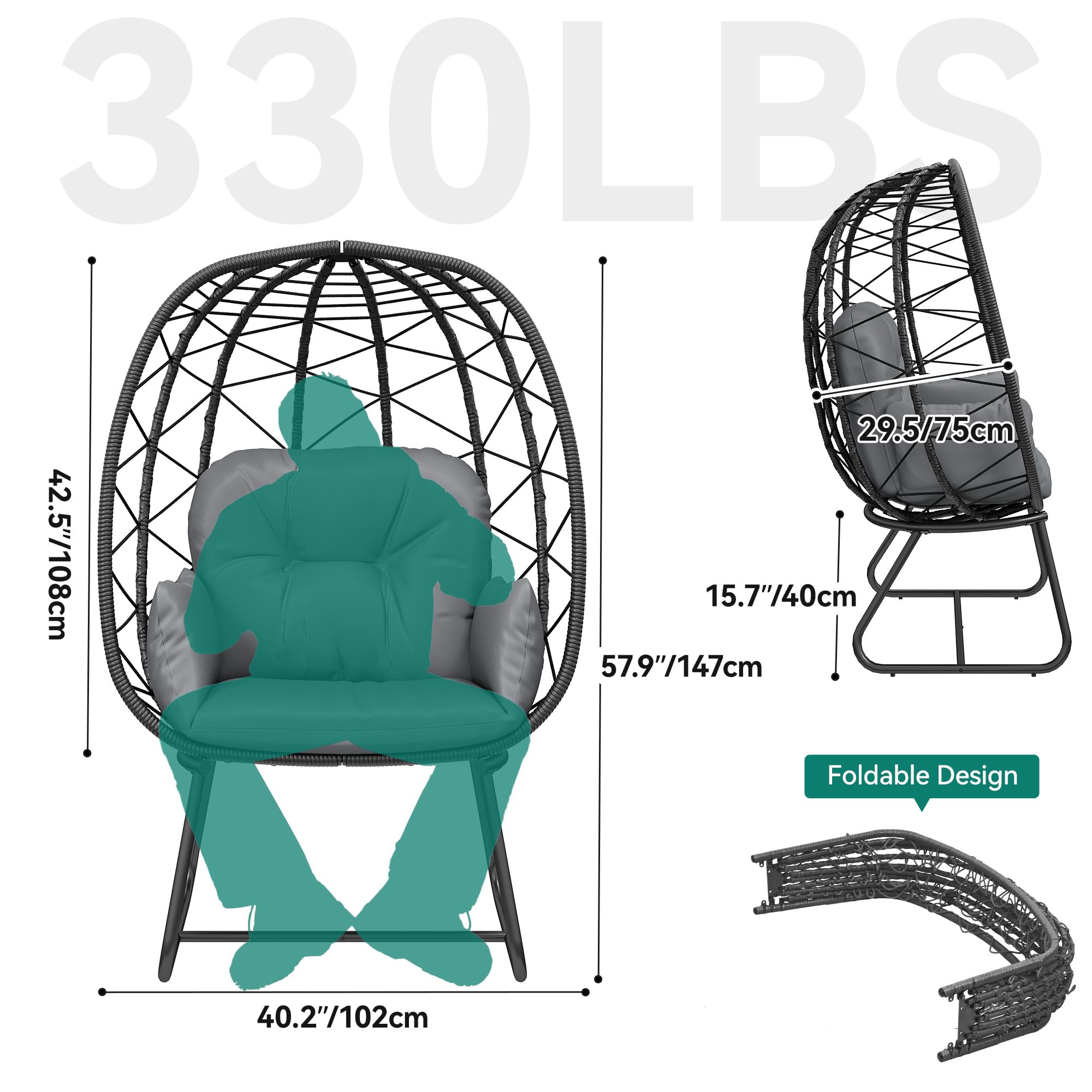 YITAHOME Gray Egg Chair with Stand - Indoor/Outdoor Wicker Lounge Chair with Cushion, PE Rattan Hanging Chair for Patio, Garden, Backyard, Porch - Perfect for Relaxing, Reading & Sunbathing