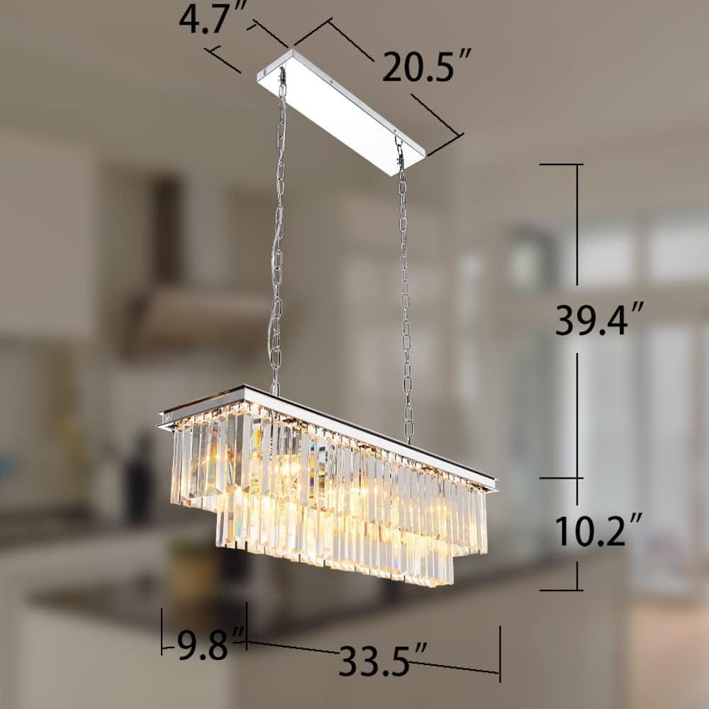 Luxury Modern Chrome Rectangular Crystal Chandelier - 8-Light Pendant Ceiling Light Fixture for Dining Room, Kitchen Island | Elegant Lighting for Home Decor, Wedding Venues & Luxury Restaurants