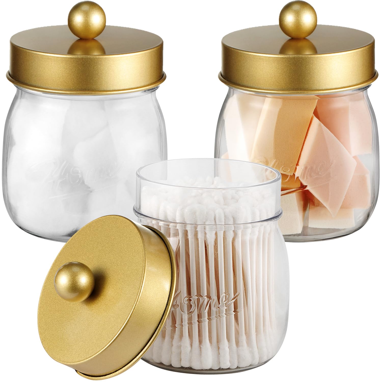 SheeChung 3-Pack Glass Apothecary Jars with Lids - Rustic Cotton Swab & Floss Pick Organizer for Bathroom Vanity, Farmhouse Decor - Gold Mason Jar Set for Home Storage & Organization (Perfect for Countertop Display & Bathroom Essentials)