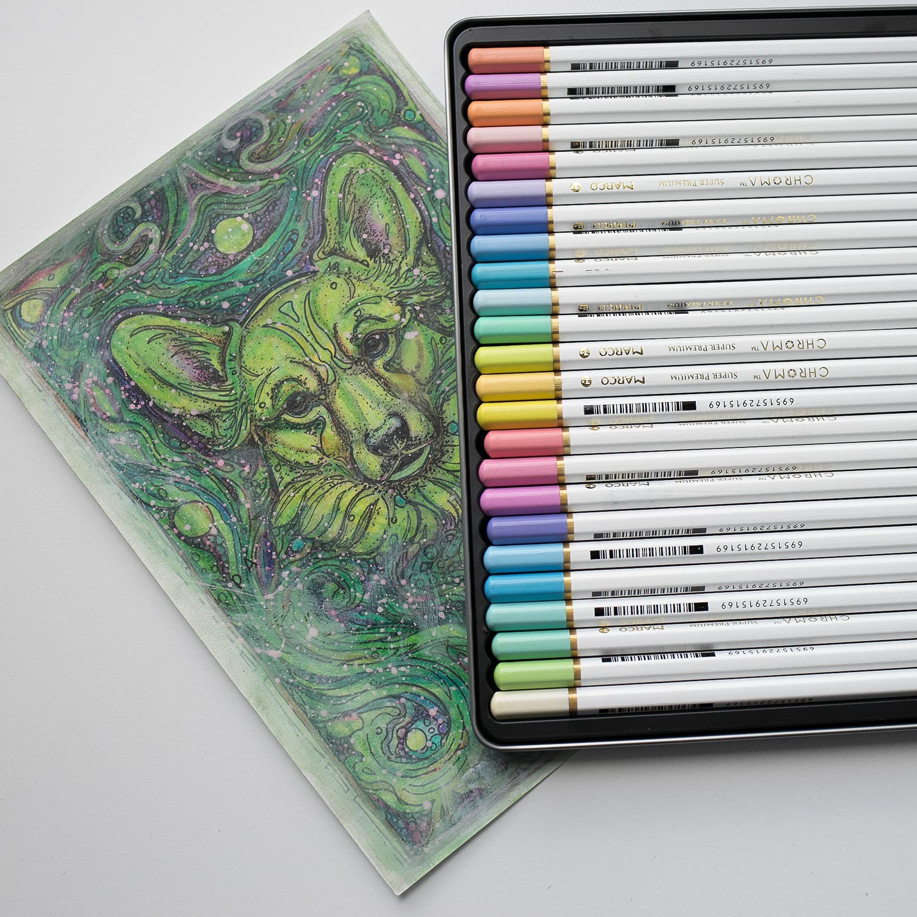 Marco Chroma Manga 24-Count Pastel Colored Pencils Set in Metal Tin - 2B Hardness Professional Art Supplies for Kids, Adults & Artists - Perfect for Sketching, Drawing, Manga Art & Coloring Books