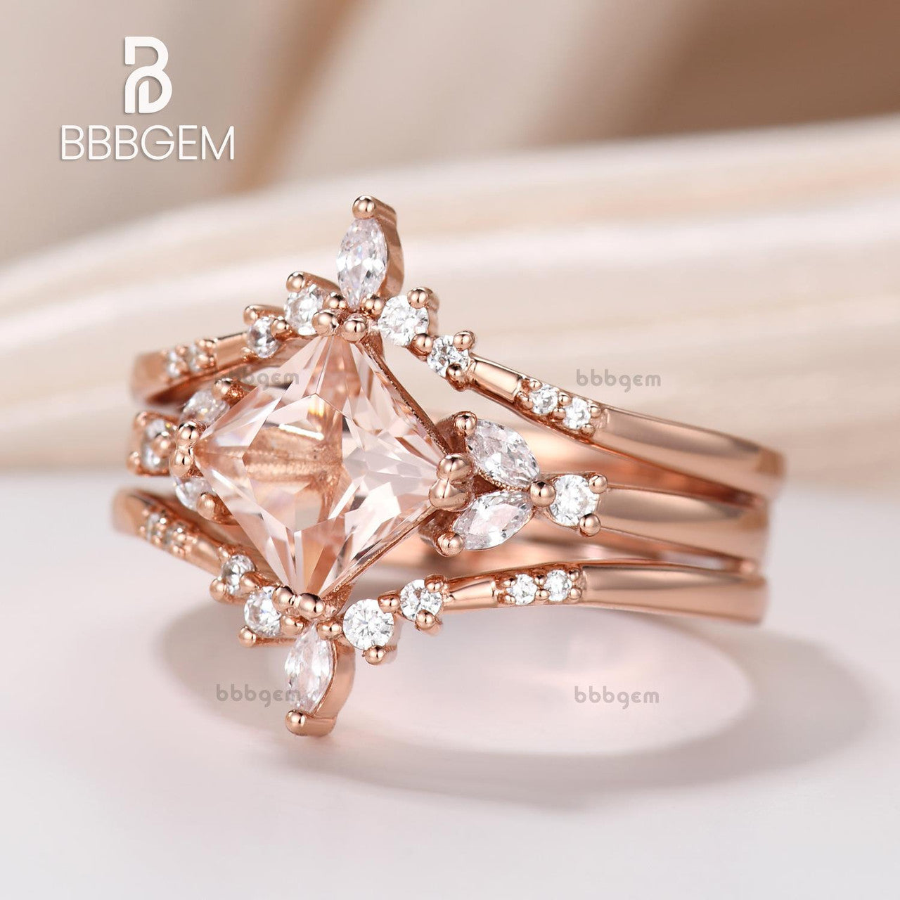 Princess Cut Peach Morganite Bridal Ring Set with Diamond Double Curved Enhancer Band | Elegant Wedding, Engagement & Anniversary Jewelry Gift for Her