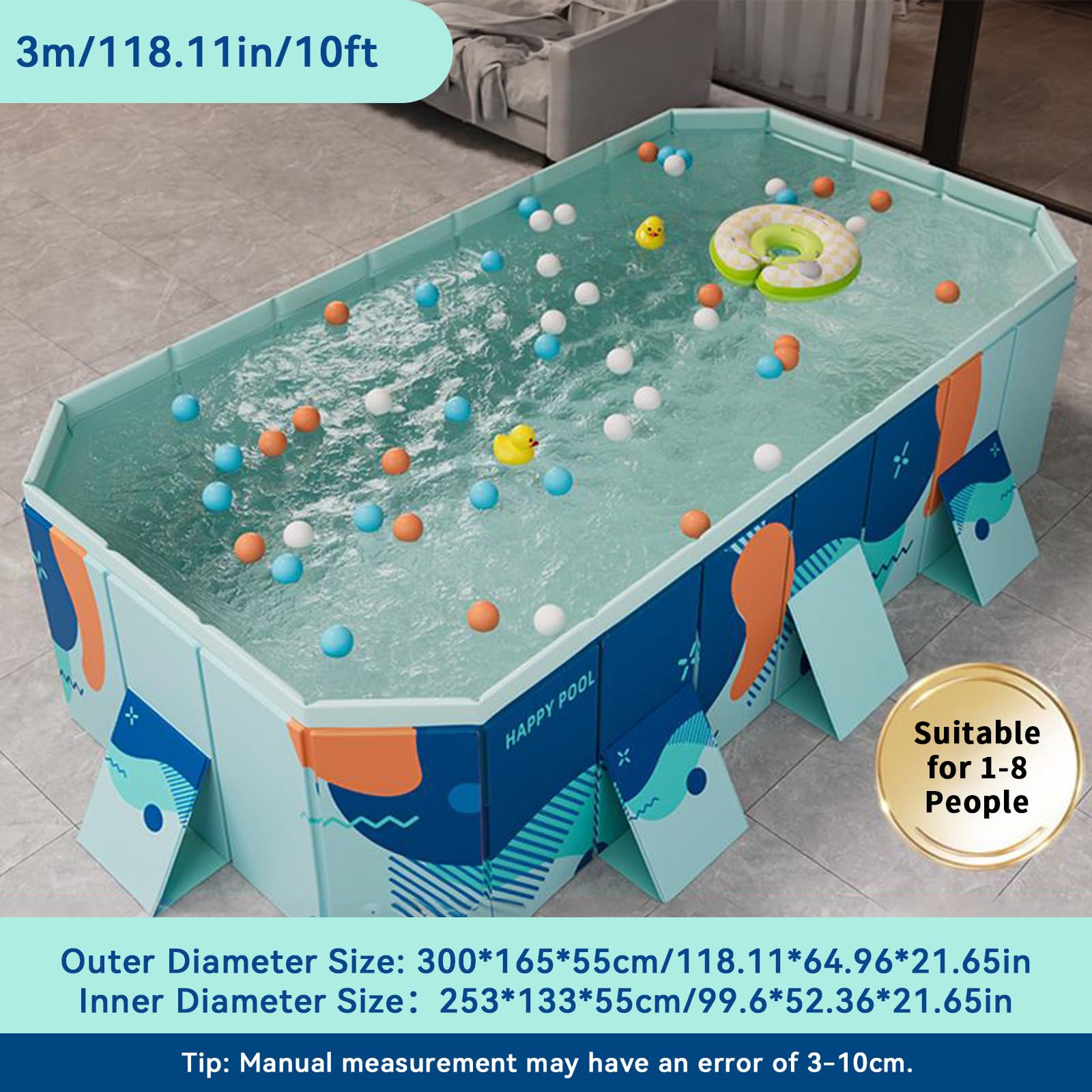 Foldable Above Ground Swimming Pool - 3m Rectangular Outdoor Family Pool with Drain Plug & Easy Assembly | Perfect for Backyard, Garden & Summer Fun (Style C)