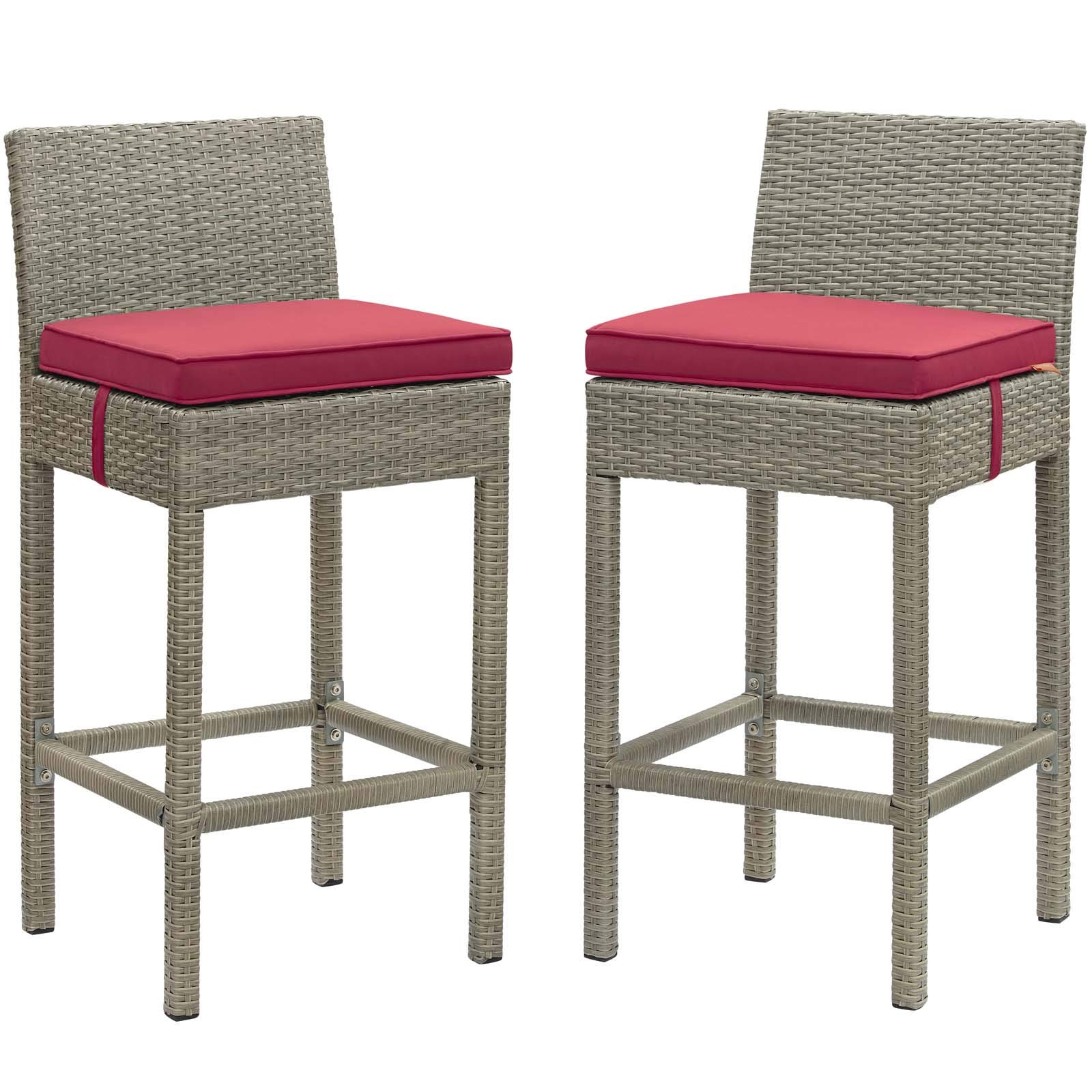 Modway EEI-3604-LGR-RED Outdoor Wicker Rattan Bar Stools Set of 2 - Light Gray & Red - Patio Furniture for Backyard, Poolside & Garden Decor - Weather-Resistant Dining Chairs for Outdoor Entertaining