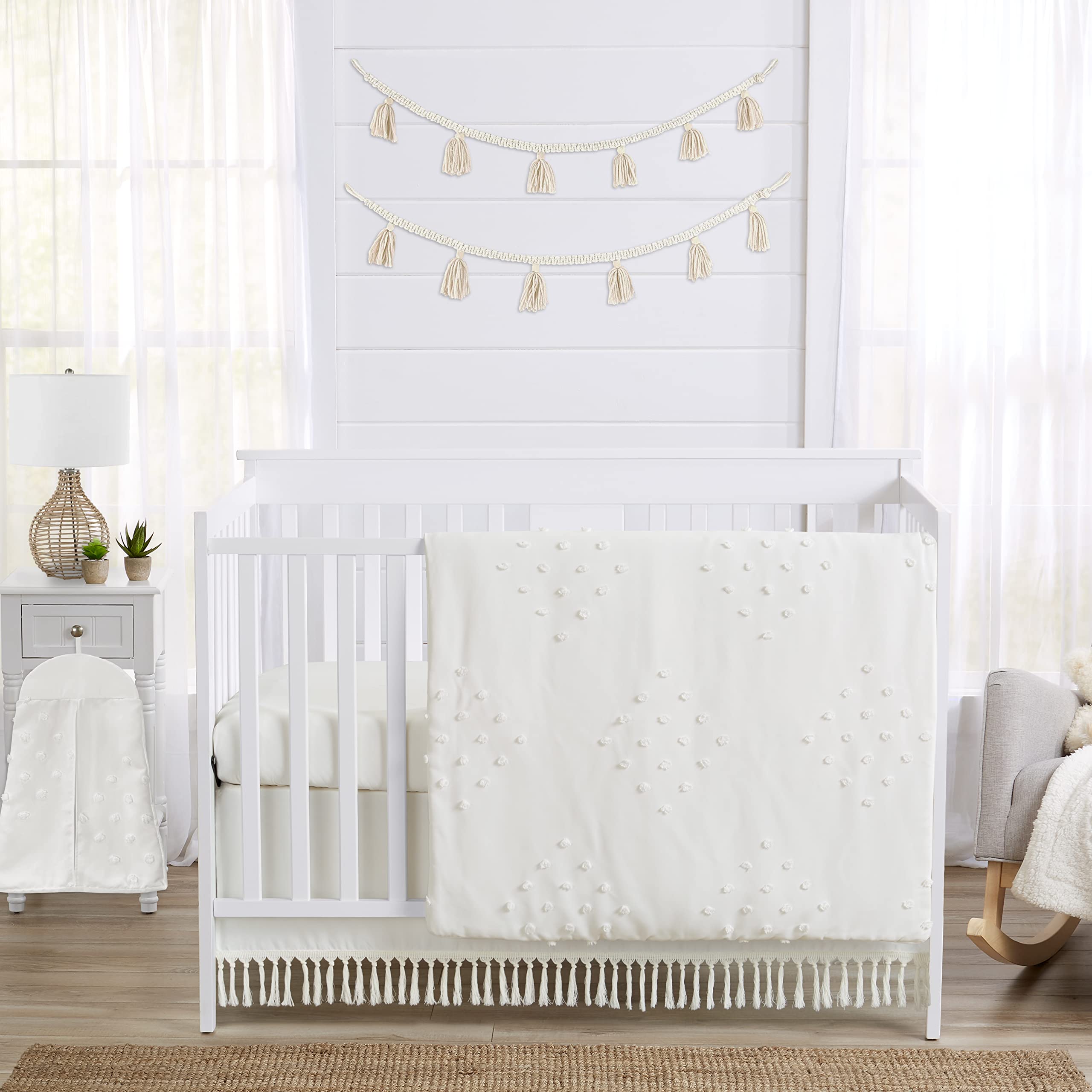 Sweet Jojo Designs Boho Dot Baby Crib Bedding Set - 4 Piece Nursery Set in Ivory Beige Cream - Bohemian Shabby Chic Modern Luxury Farmhouse Style - Perfect for Neutral Gender Nursery, Baby Shower Gift & Newborn Photography Backdrop