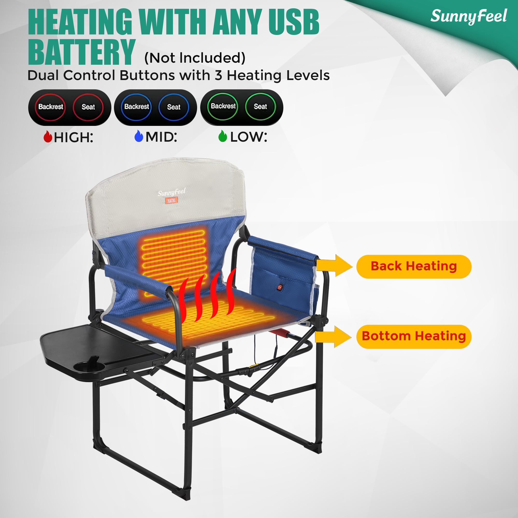 **SUNNYFEEL Heavy Duty Oversized Heated Camping Director's Chair with Side Table & Pocket - Portable Folding Chair for Beach, Fishing, Picnic, Lawn, Concert & Outdoor Adventures - Perfect for Camping, Tailgating & Backyard Relaxation**