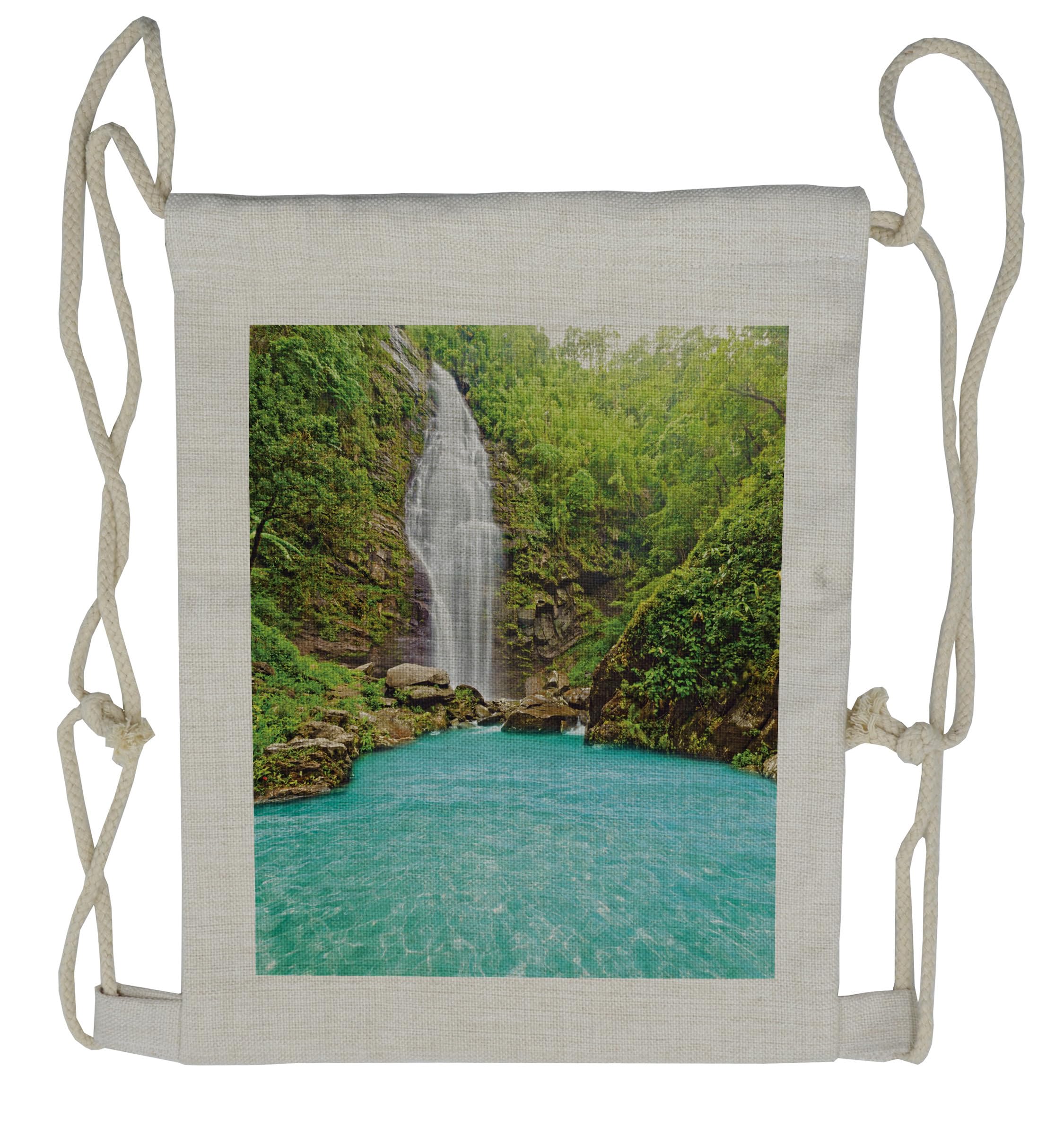 Lunarable Waterfall Drawstring Backpack - Clear Pool Tropical Plant Print Sackpack Bag for Beach, Pool & Outdoor Adventures