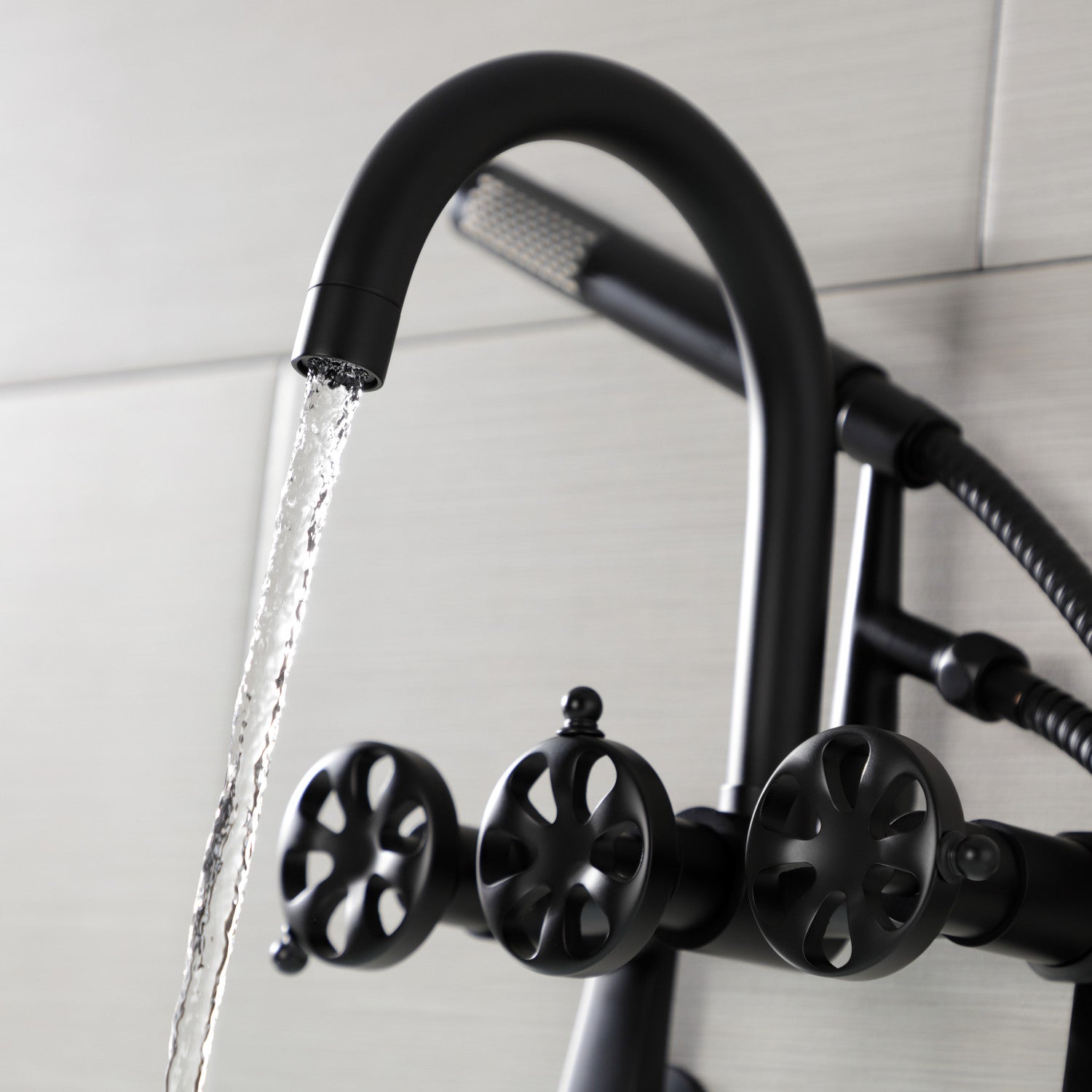 Belknap AE8150RX Matte Black 3-Handle 2-Hole Wall Mount Clawfoot Bathtub Faucet with Hand Shower - Vintage Style for Classic Bathrooms & Spa Retreats