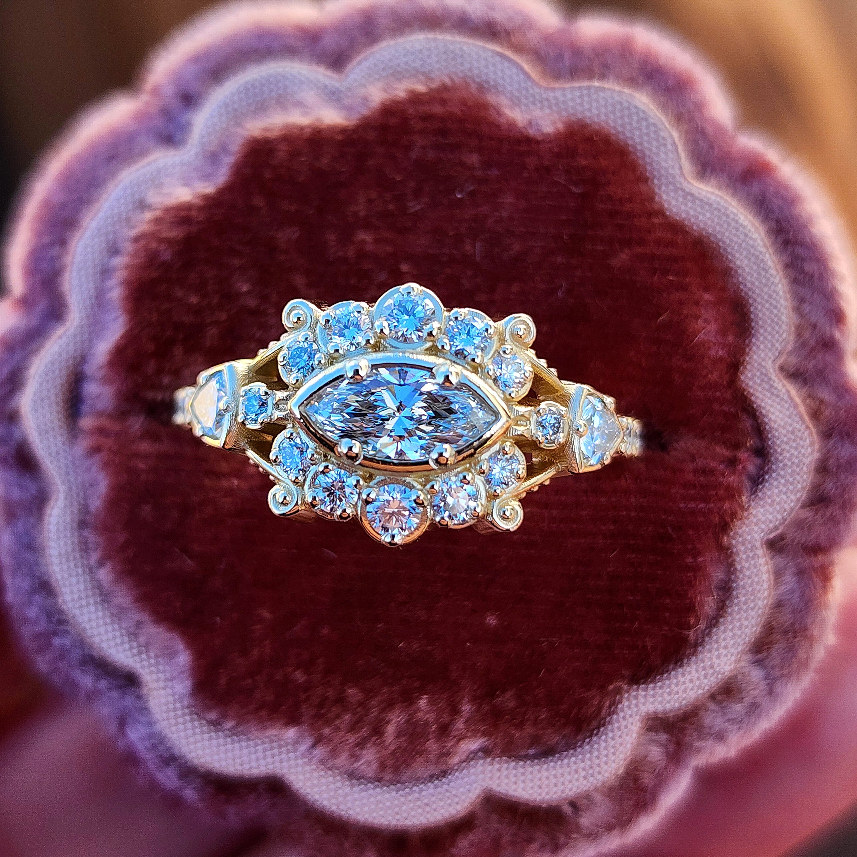 Belle Epoque Antique Style East West Marquise Cut Engagement Ring - 14K Gold for Wedding, Proposal & Anniversary Gifts