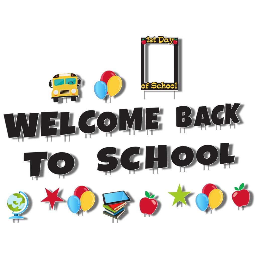 VictoryStore Deluxe Back to School Yard Decorations - 29pcs Welcome Letters with Selfie Frame & Stakes for Outdoor Party, Graduation, Home Decor (Set 12379)