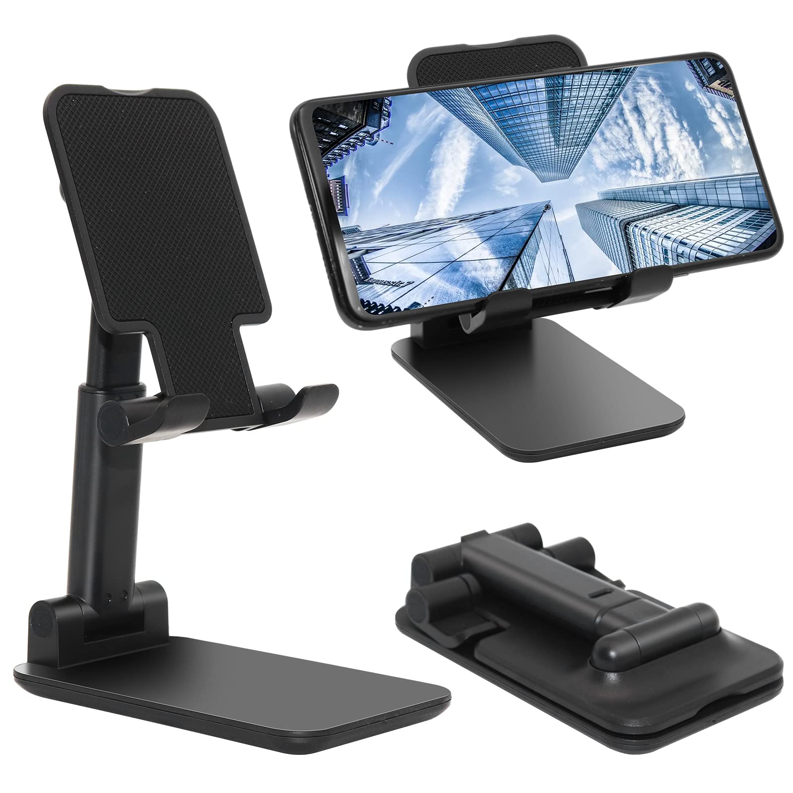 Adjustable Folding Phone Stand for Desk - Universal Cell Phone & Tablet Holder (4-10 Inch) - Perfect for Office, Home, Video Calls & Hands-Free Viewing (Black)