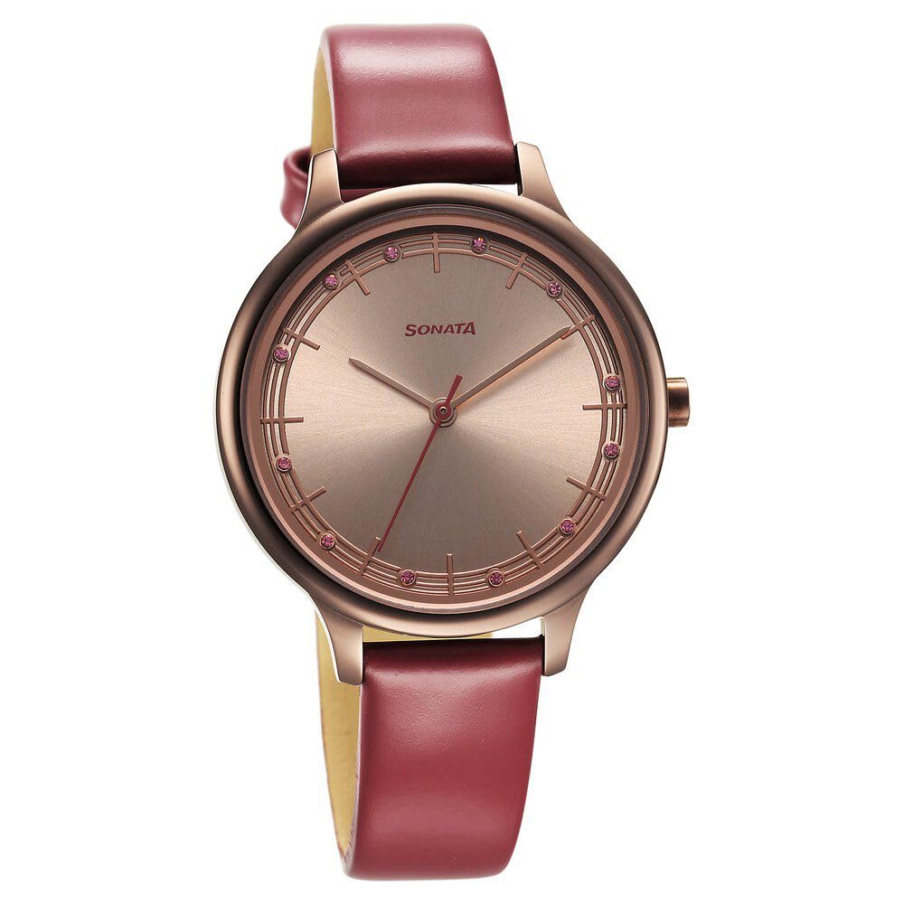 Sonata Blush Quartz Analog Watch for Women - Brown Leather Strap & Elegant Dial - Perfect for Office, Party & Everyday Wear - Model 87050QL01