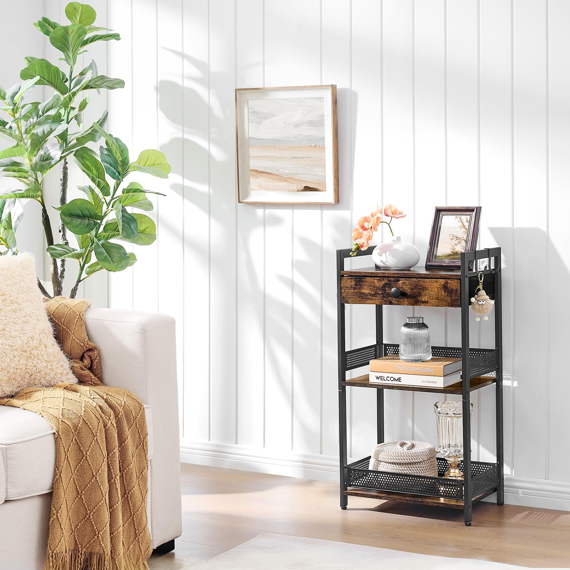 FAVOOSTY 3-Tier Bathroom Ladder Shelf with Drawer - Freestanding Towel Rack, Storage Organizer for Bath Essentials, Books & Decor - Rustic Brown Wooden Shelf for Bathroom, Living Room & Balcony | Perfect for Small Space Organization & Home Decor