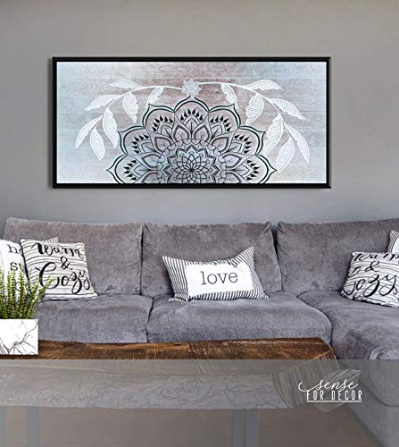 Boho Mandala Wall Hanging Art - Handmade Macrame Wall Decor for Bedroom & Living Room - Inverted Blue Design with 42x19 Inch Black Floating Frame - Perfect for Bohemian Home Decor, Yoga Studio or Meditation Space