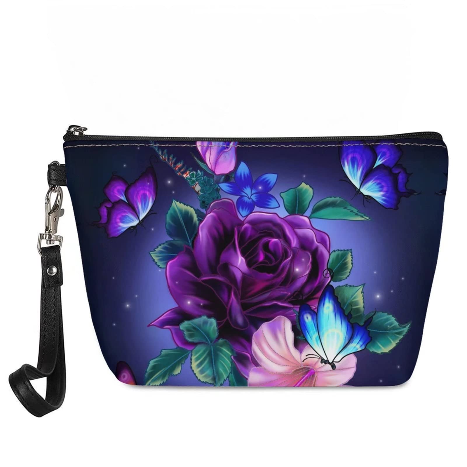 YSTARDREAM Blue & Purple Butterfly Makeup Bag for Women & Teens - Waterproof Leather Cosmetic Pouch for Girls, Sunflower Coin Pencil Case Organizer - Perfect for School, Travel & Birthday Gifts