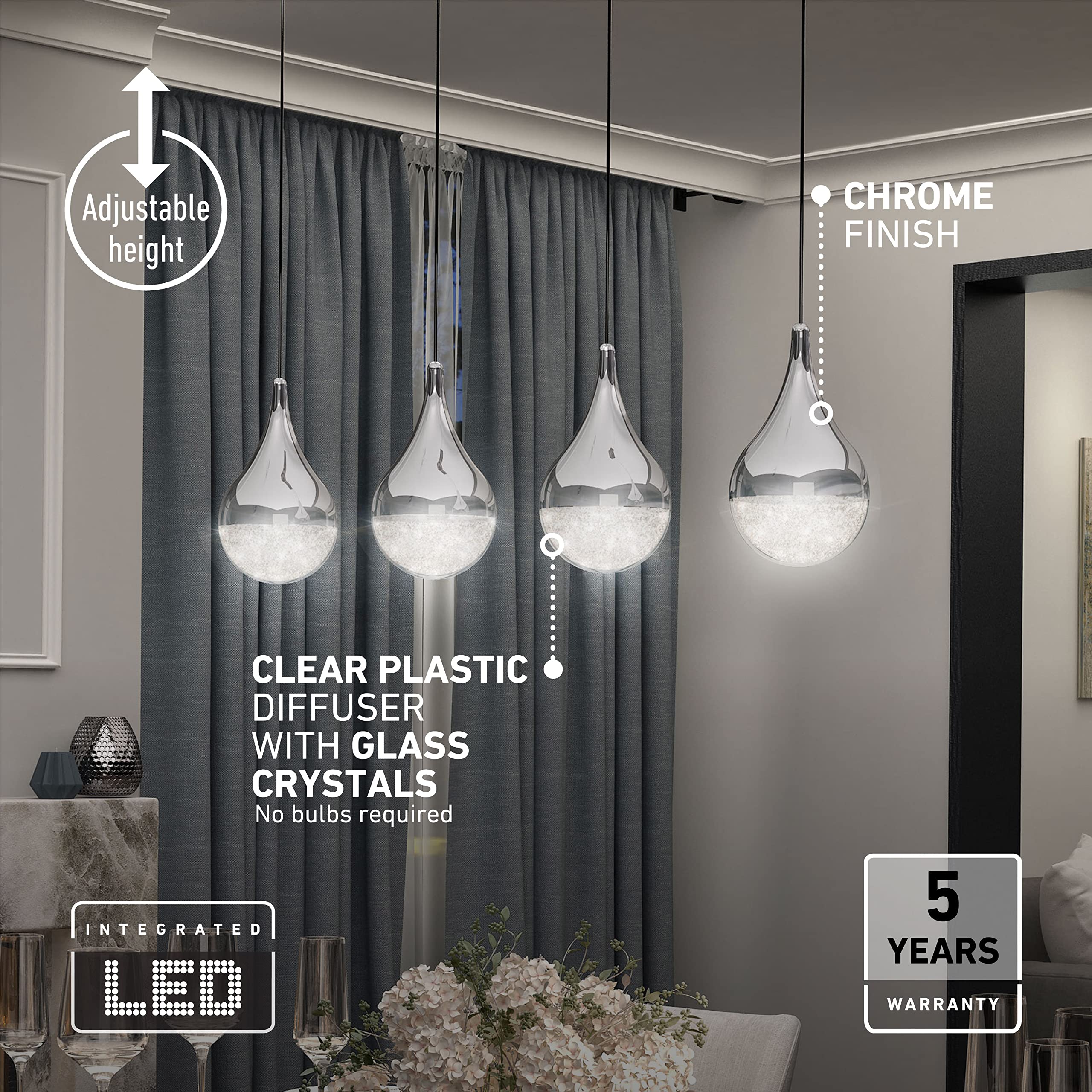 Artika PDT-4GL-RN 4-LED Glitter Pendant Light Fixture - 4 Lights, Silver Finish - Perfect for Dining Room, Kitchen Island & Bedroom Lighting