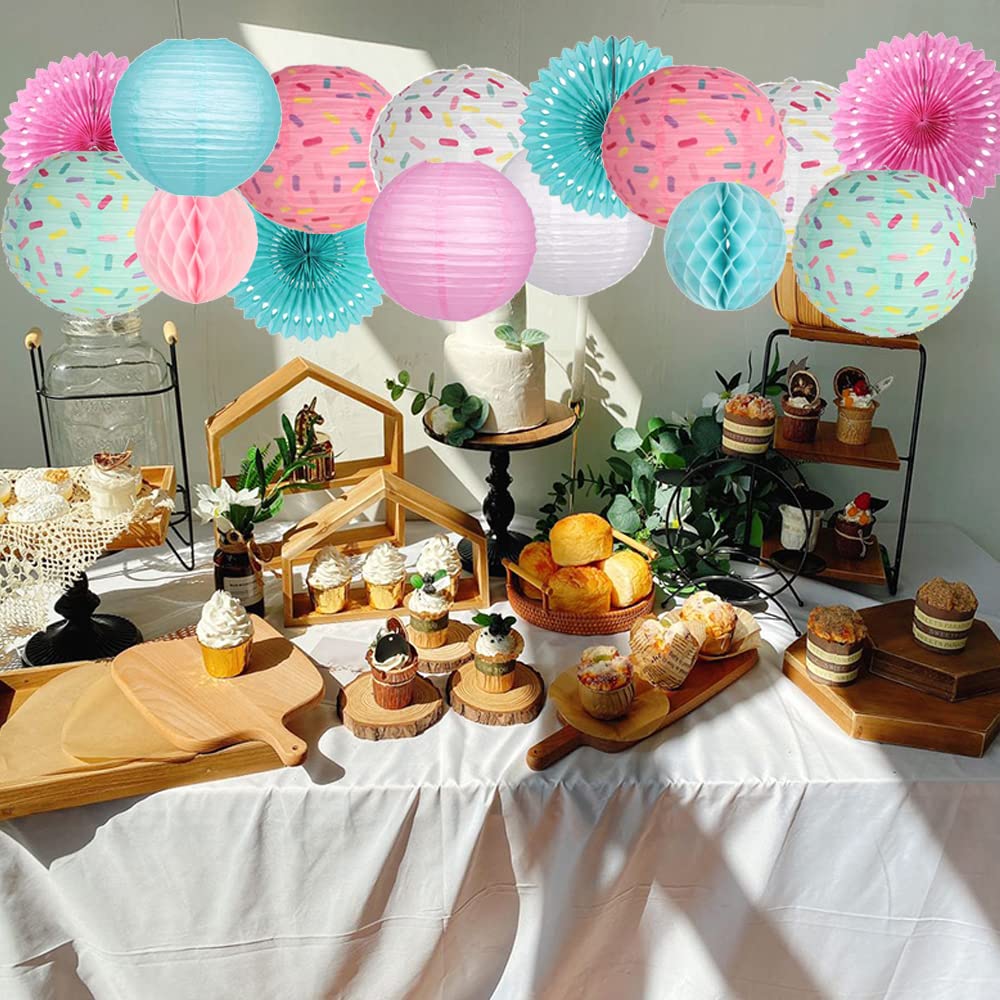 Aiminjey 15PCS Donut Birthday Party Decorations Set - Hanging Donut Paper Lanterns, Honeycomb Balls & Paper Fans for Baby Shower, Ice Cream Party (Blue & Pink Theme, 15 Pieces) - Perfect for Kids Birthday, Dessert-Themed Events & Classroom Celebrations