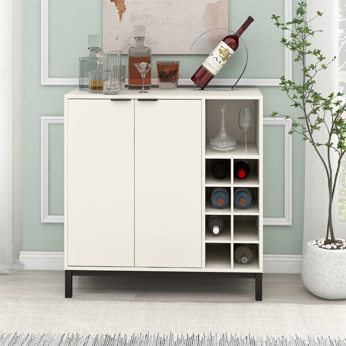 White Sideboard Liquor Storage Cabinet - Buffet with Wine Racks, Coffee Bar Console Table for Kitchen & Dining Room - Perfect for Entertaining & Home Organization